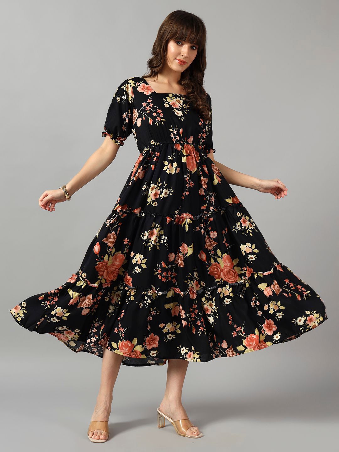 Raiyani Enterprise Floral Printed Puff Sleeve Tiered Fit & Flare Midi Dress-picture-31