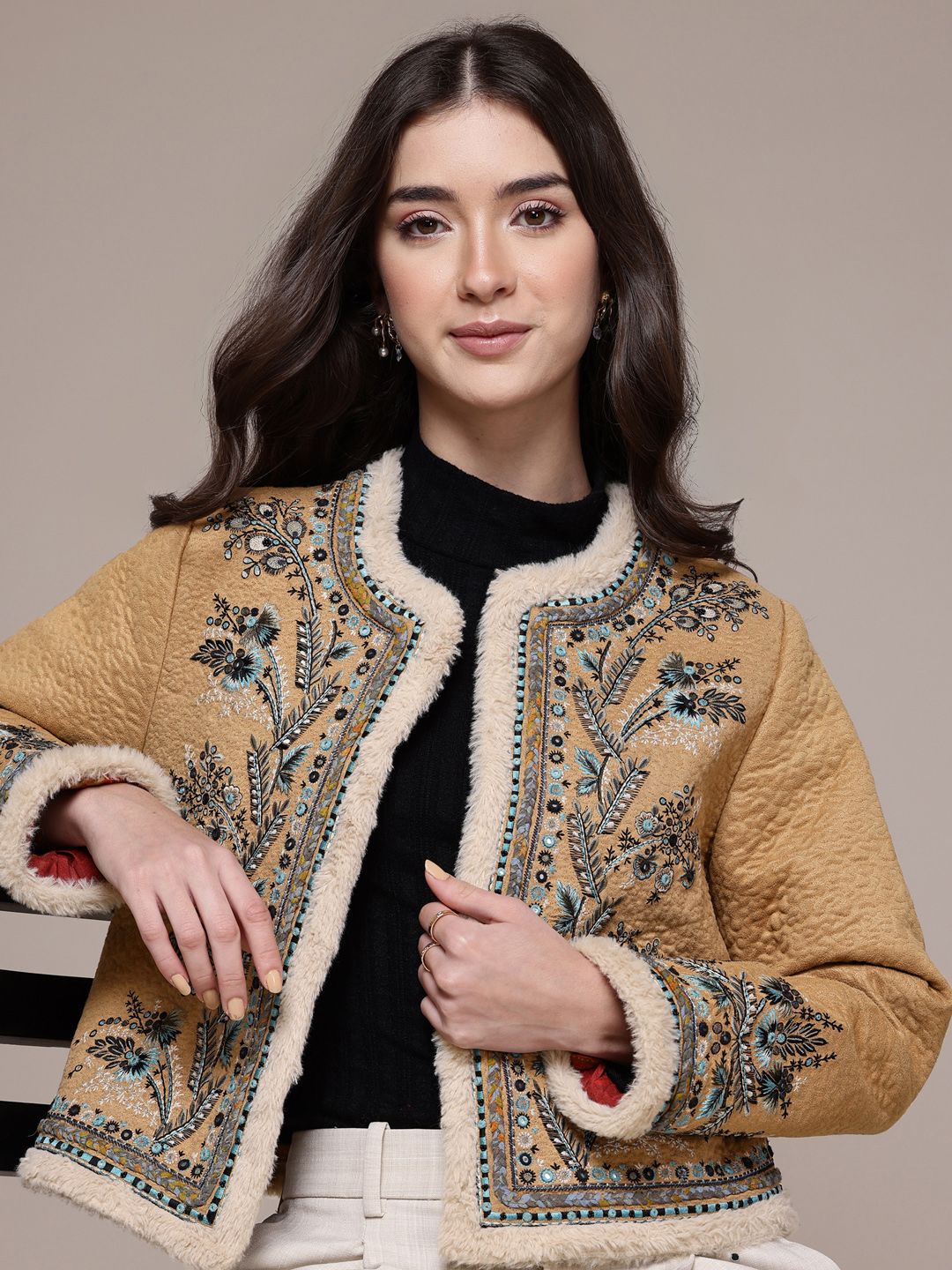 Ritu Kumar Floral Embroidered Faux Leather & Fur Trim Crop Front-Open Jacket-picture-41