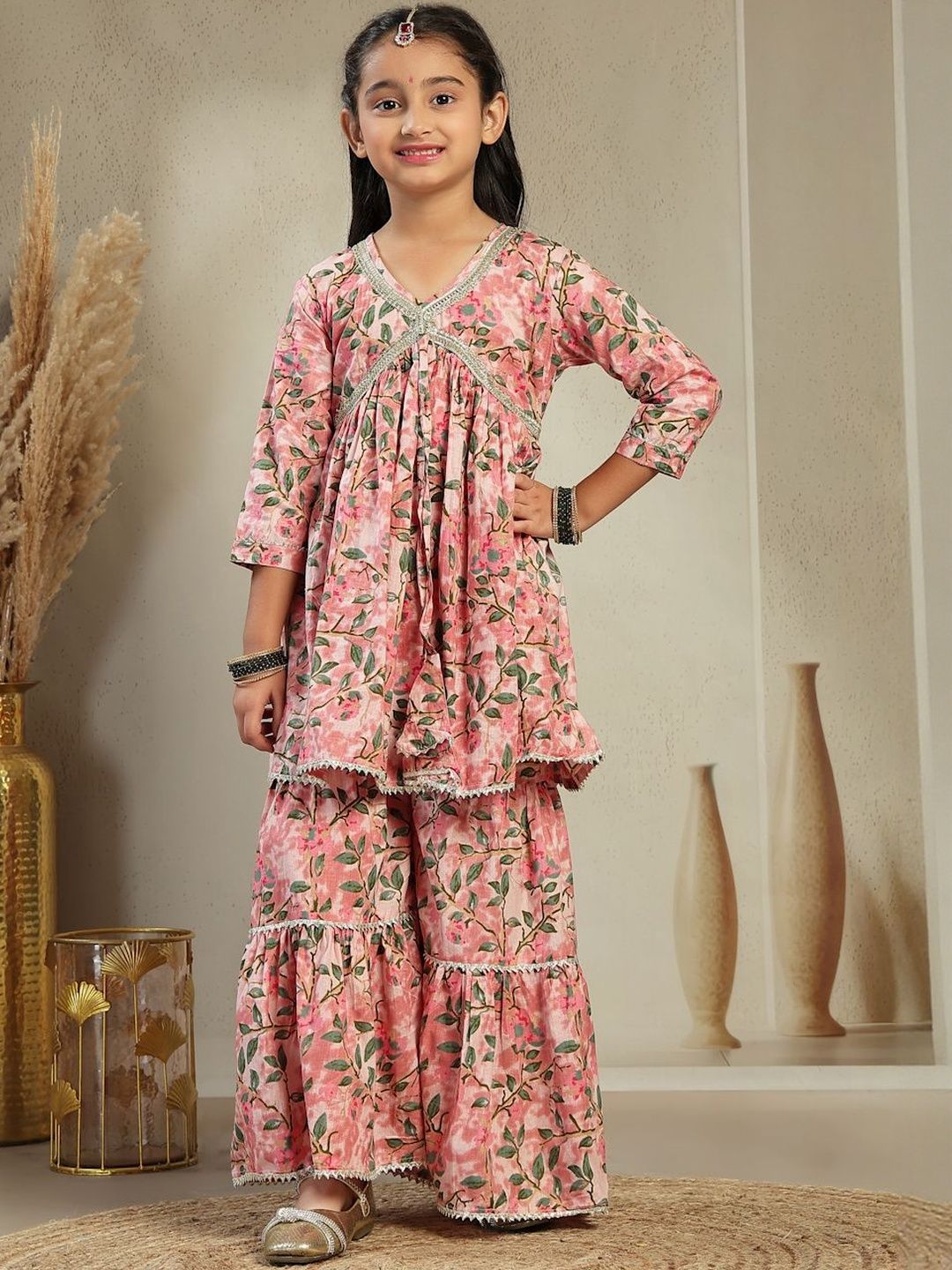 Sangria Girls Floral Regular Pure Cotton Kurta with Sharara-picture-12