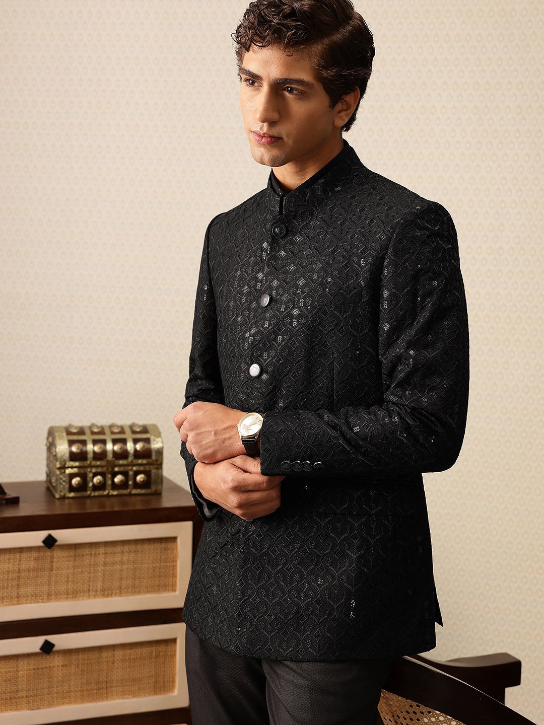 House of Pataudi Self Design Textured Jashn Bandhgala Blazer