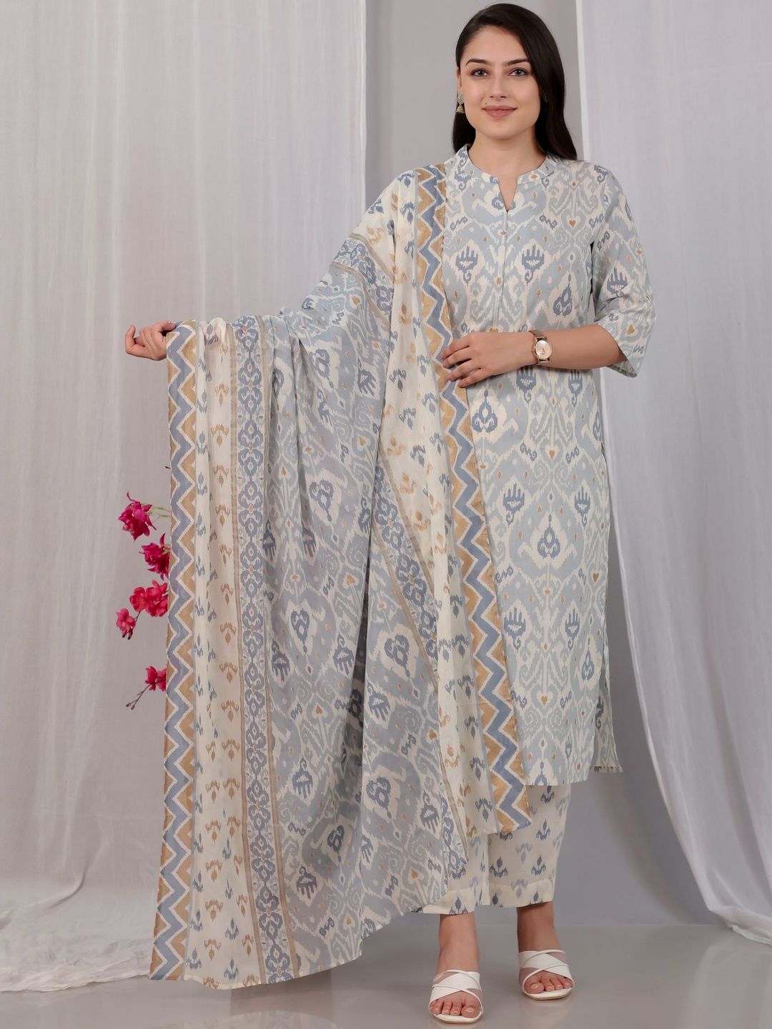 Aramya Women Ethnic Motifs Printed Cotton Kurta with Trousers & Dupatta-picture-40