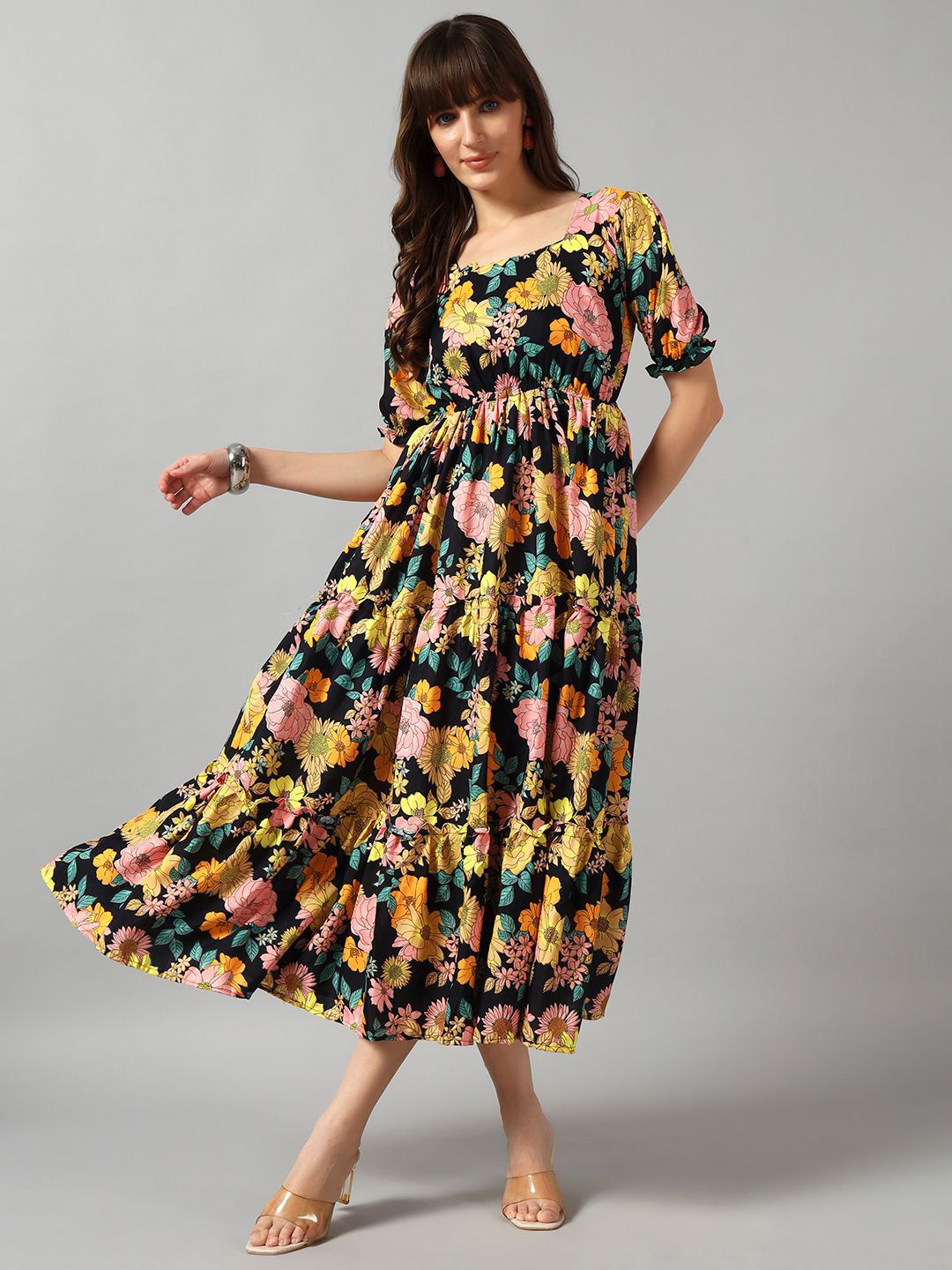 Raiyani Enterprise Floral Printed Puff Sleeve Tiered Fit and Flare Midi Dress-picture-33