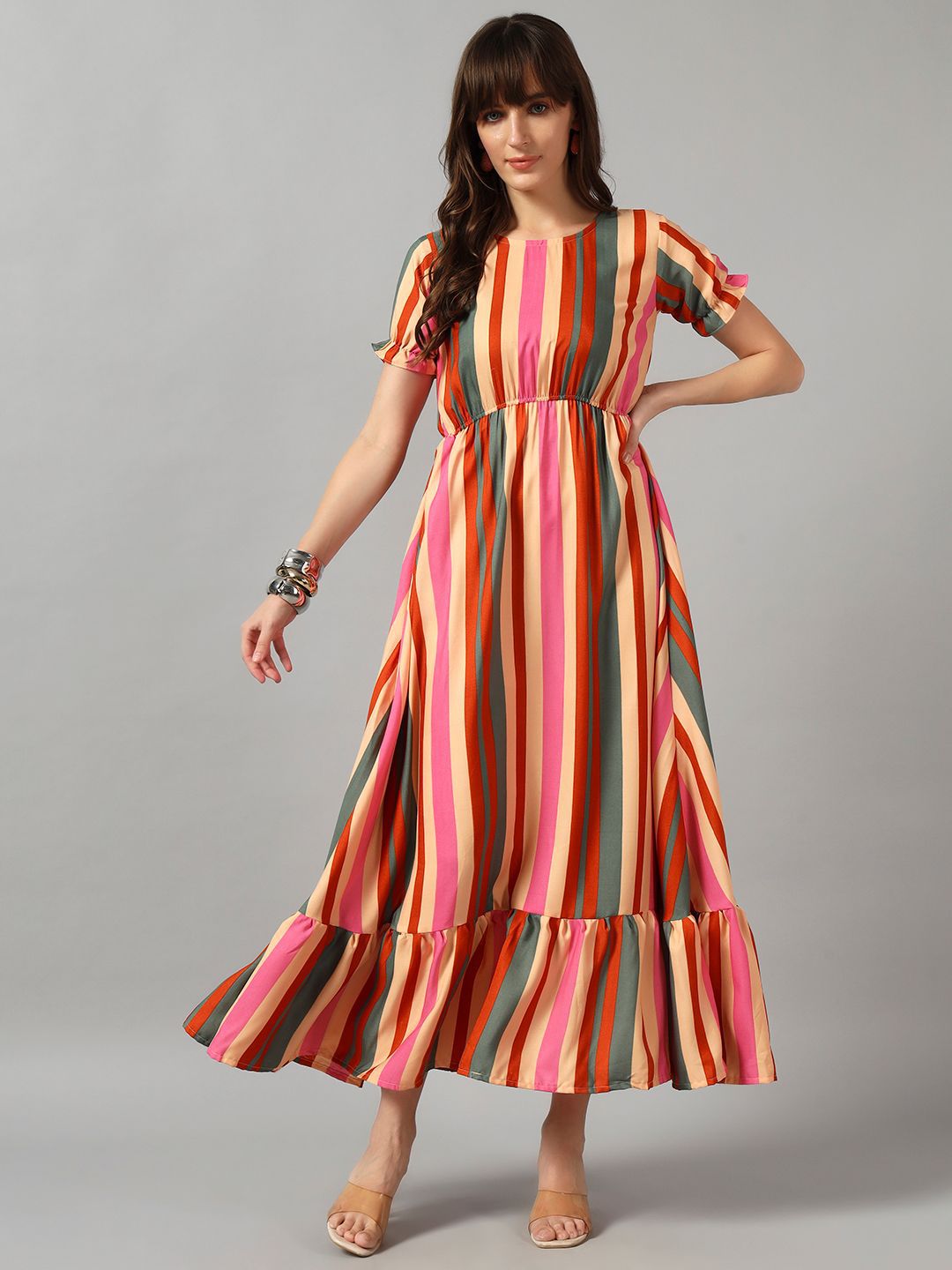Raiyani Enterprise Women Striped Round Neck Tiered Fit & Flare Maxi Dress-picture-31