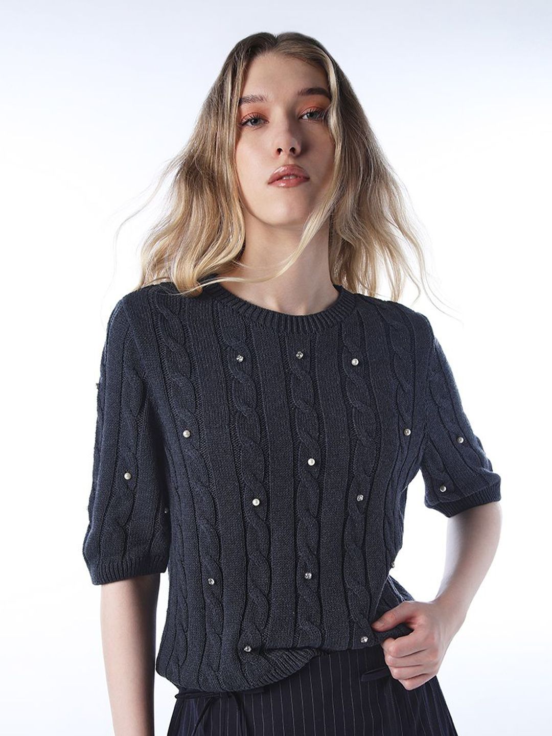 ONLY Women Cable Knit Round Neck Pullover with Embellished Detail-picture-32