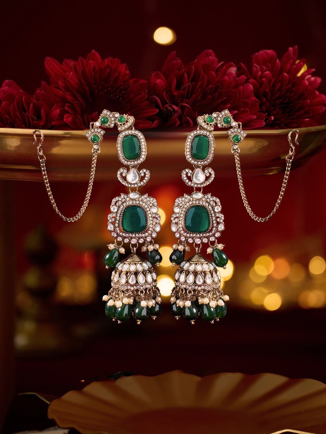 Zaveri Pearls Gold-Plated Stones Studded and Beaded Dome Shaped Jhumkas With Chain-picture-42