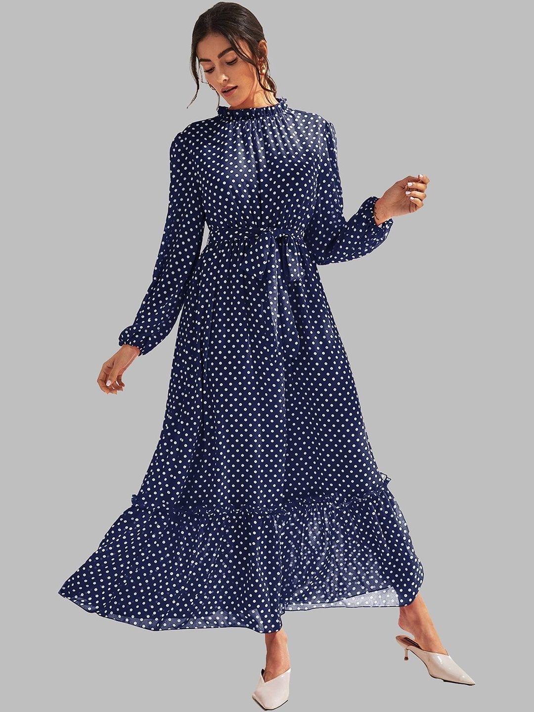 SZN Polka Dot Print Ruffled Georgette Fit & Flare Maxi Dress-image-27