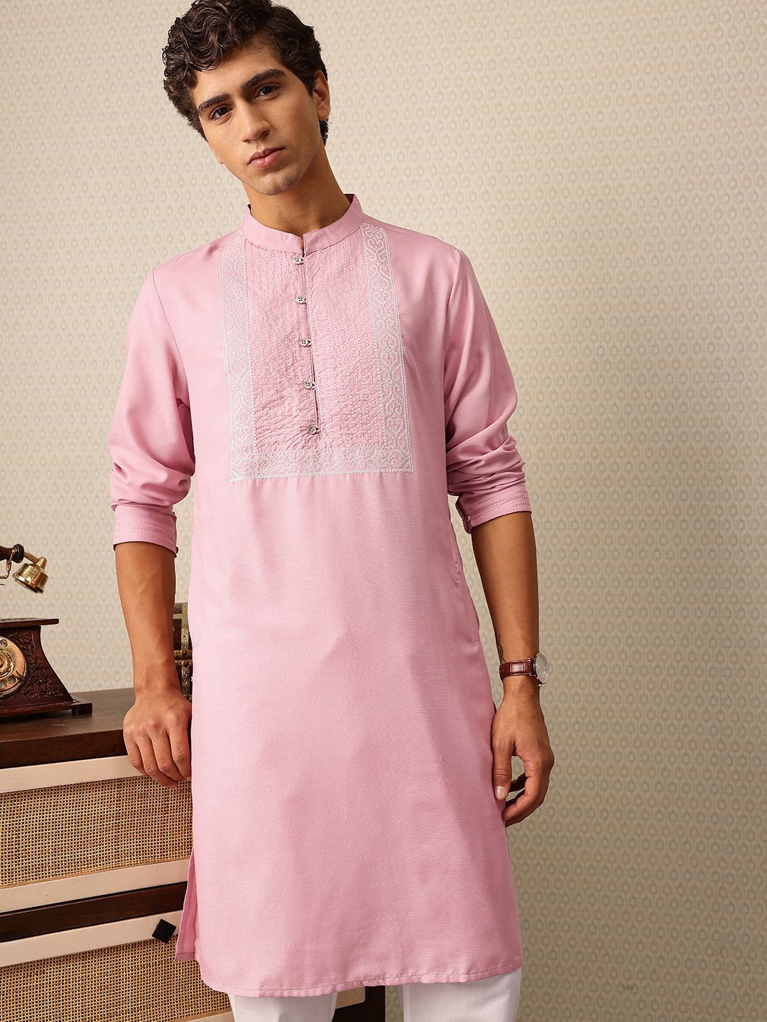 House of Pataudi Geometric Thread Work Mandarin Collar Straight Jashn Kurta-picture-34