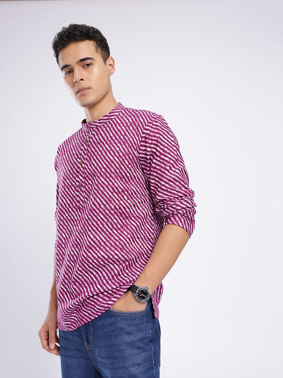 Anouk Rustic Striped Band Collar Straight Kurta-picture-38