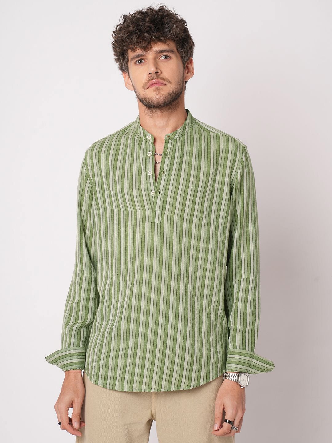 VASTRADO Men Striped Thread Work Nature Vibes Awning Cotton Kurta-picture-25