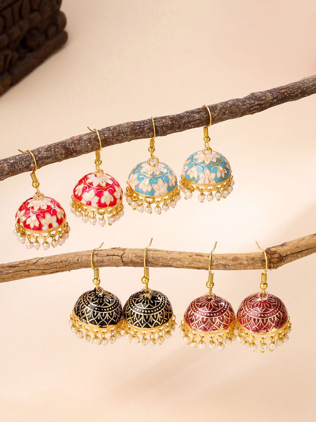 Qiroko Set Of 4 Pearls Beaded Dome Shaped Jhumkas-picture-34