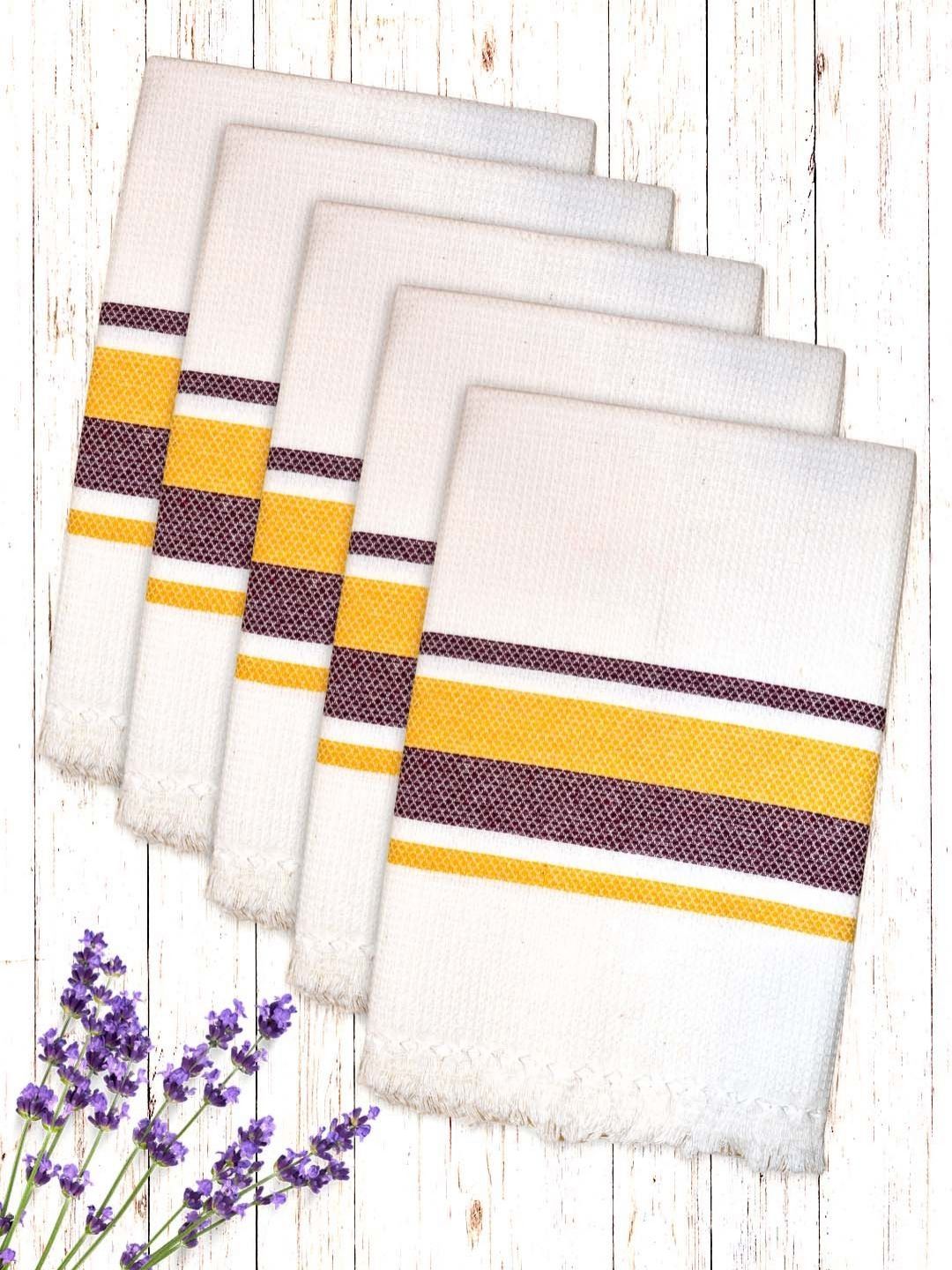 Athom Living White & Yellow 5 Pieces Striped Cotton 210 GSM Bath Towels-picture-31