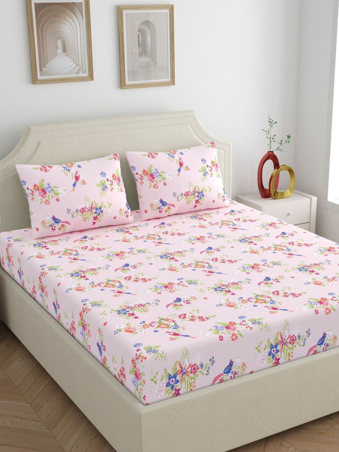 Home Ecstasy Pink & Blue Printed Pure Cotton 140 TC Double Bedsheet Set 2.39 m x 2.20 m-picture-16