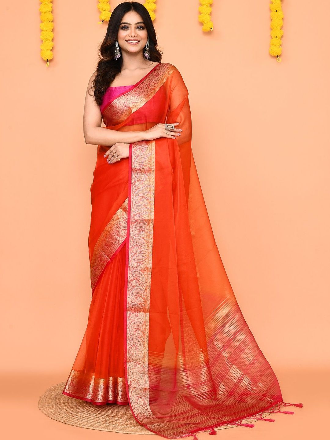 Piyari Fashion Woven Design Zari Organza Jamdani Saree With Stitched Blouse-picture-37