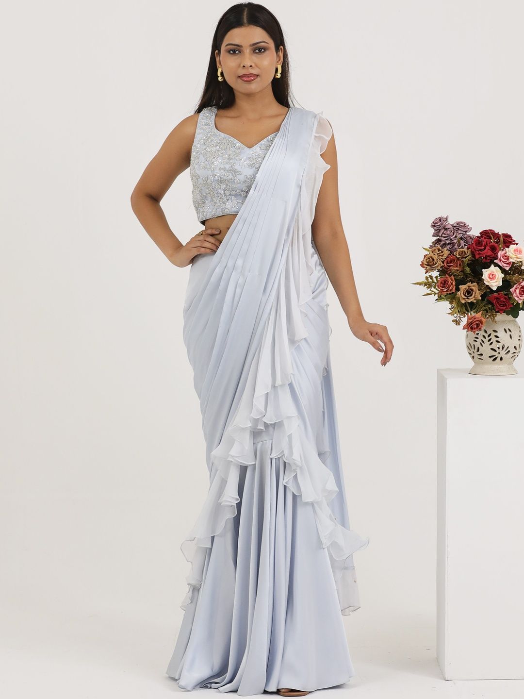 PUSHP PARIDHAN Satin Ruffles Ready to Wear Drape Saree With Stitched Blouse-image-15