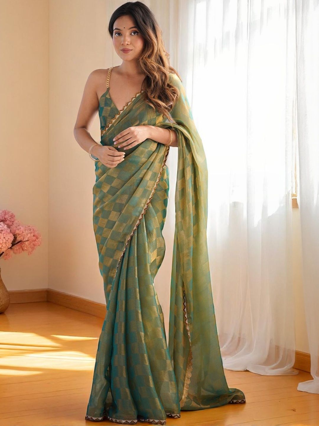 HERE&NOW Woven Design Beads and Stones Pure Chiffon Designer Saree-picture-30