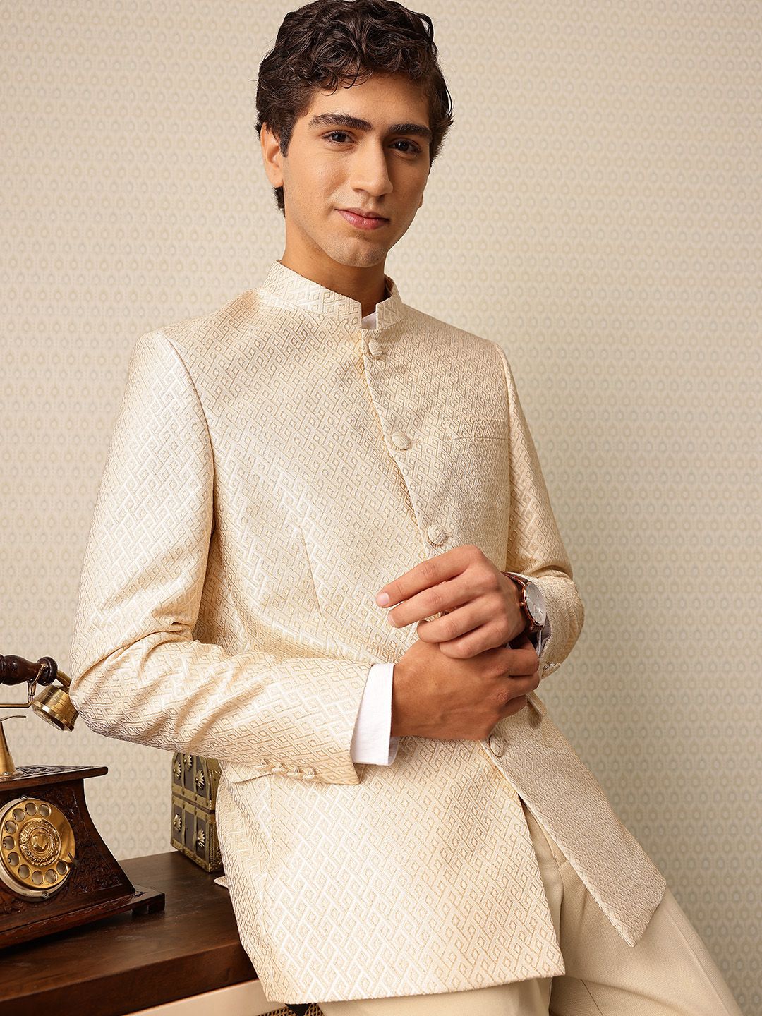 House of Pataudi Self Design Textured Jashn Bandhgala Blazer-picture-22