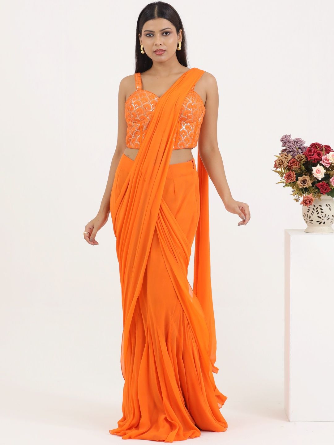 PUSHP PARIDHAN Ready to Wear Drape Saree With Embellished Stitched Blouse-image-45