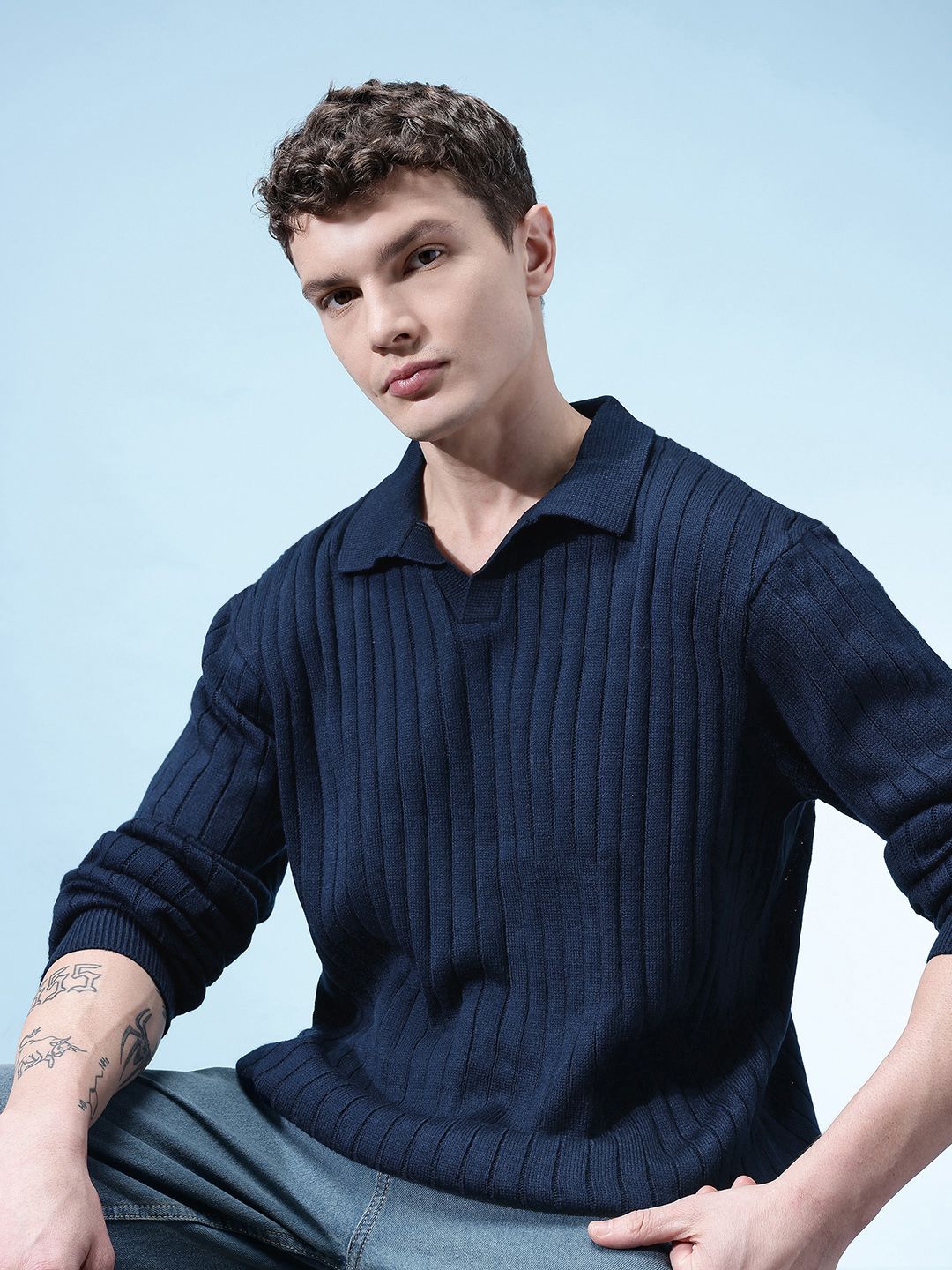 glitchez Shirt Collar Ribbed Pullover-picture-45
