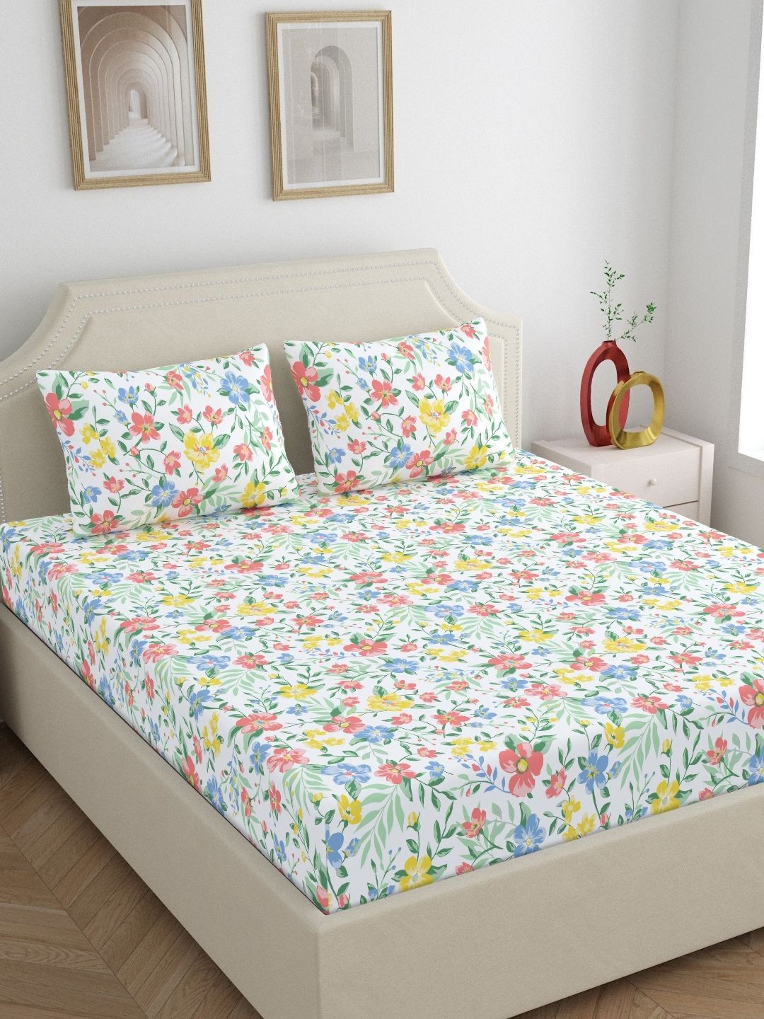 Home Ecstasy White & Blue Floral Pure Cotton 140 TC Double Queen Bedsheet Set-2.20mX2.39m-picture-27