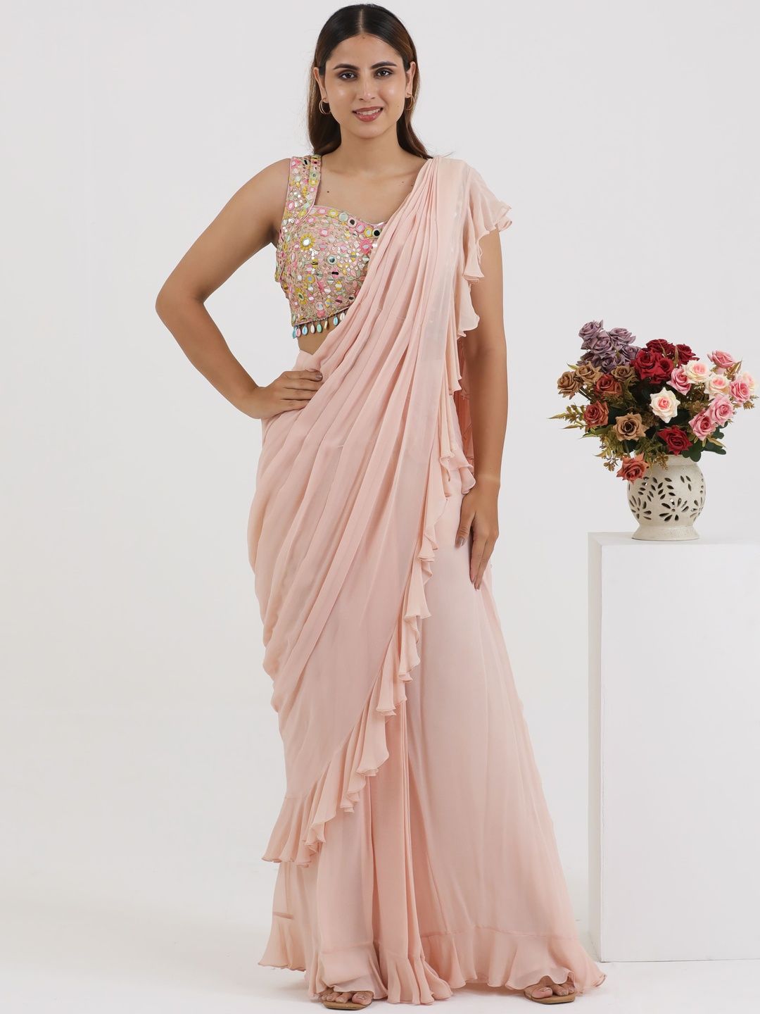PUSHP PARIDHAN Mirror Work Pure Georgette Drape saree-picture-5