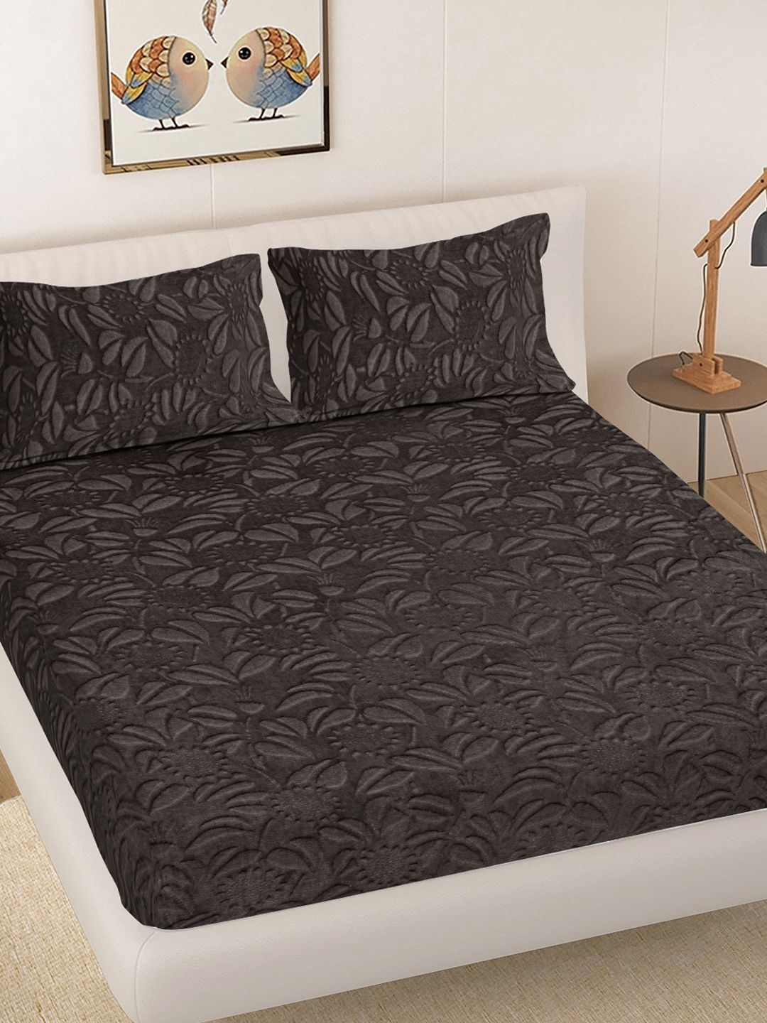Myntra Elegant Homes Coffee Brown Floral 300 TC King Bedsheet With 2 Pillow Covers-image-48