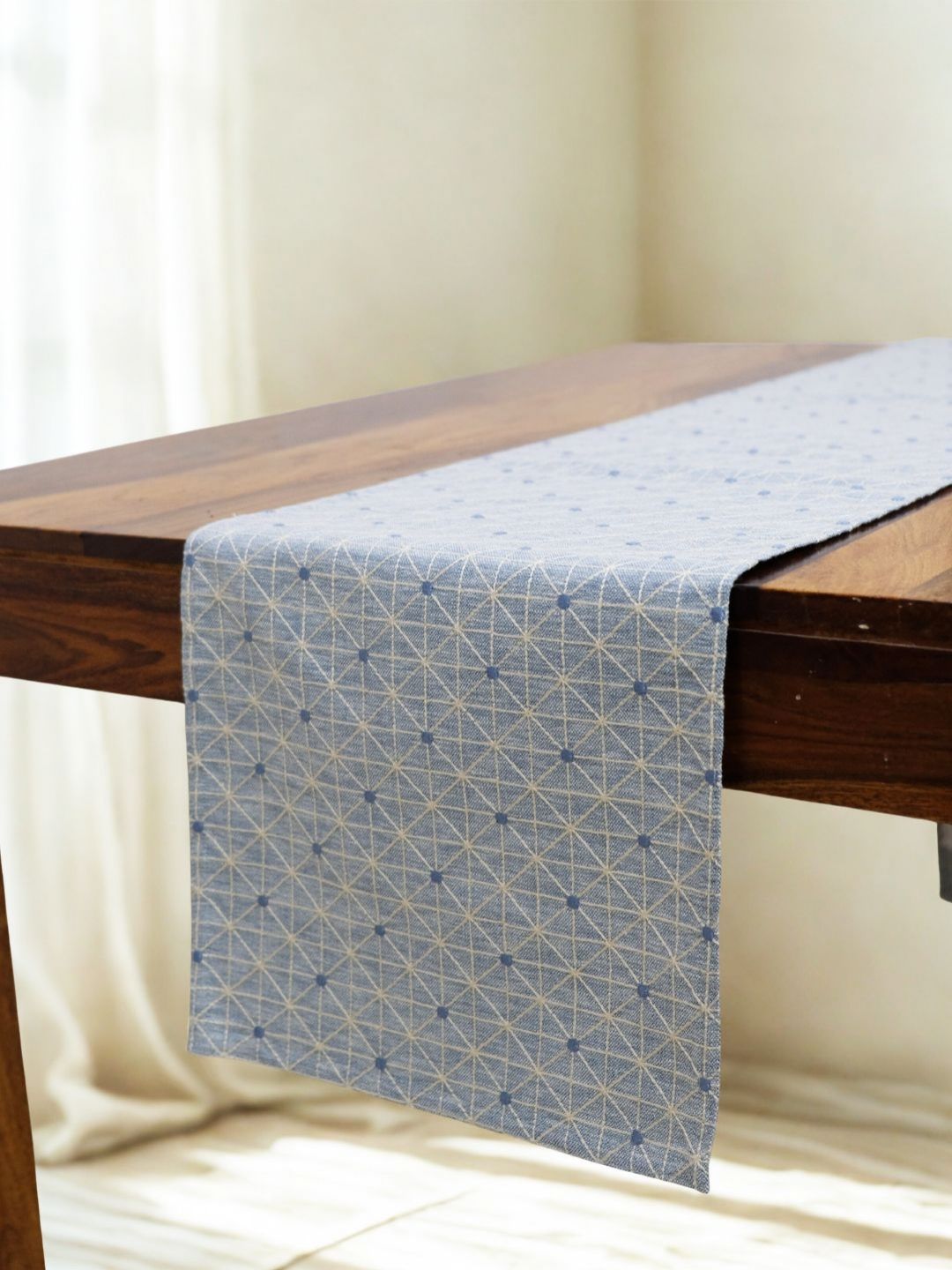 DESIGN GAATHA Blue & White Geometric Embroidered Pure Cotton Table Runner-picture-25