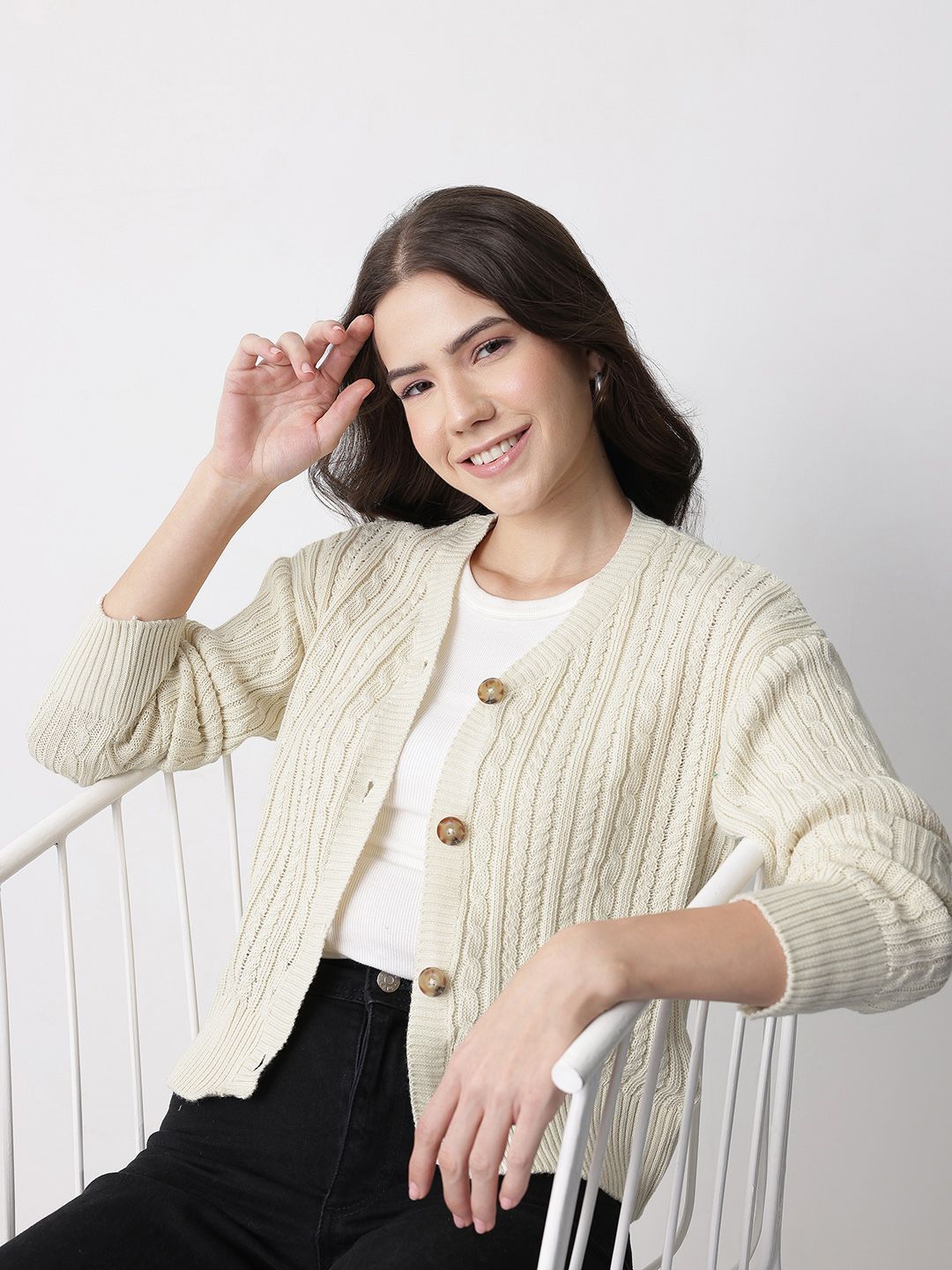 Mast & Harbour Solid V-neck Cable Knit Pullover-picture-42