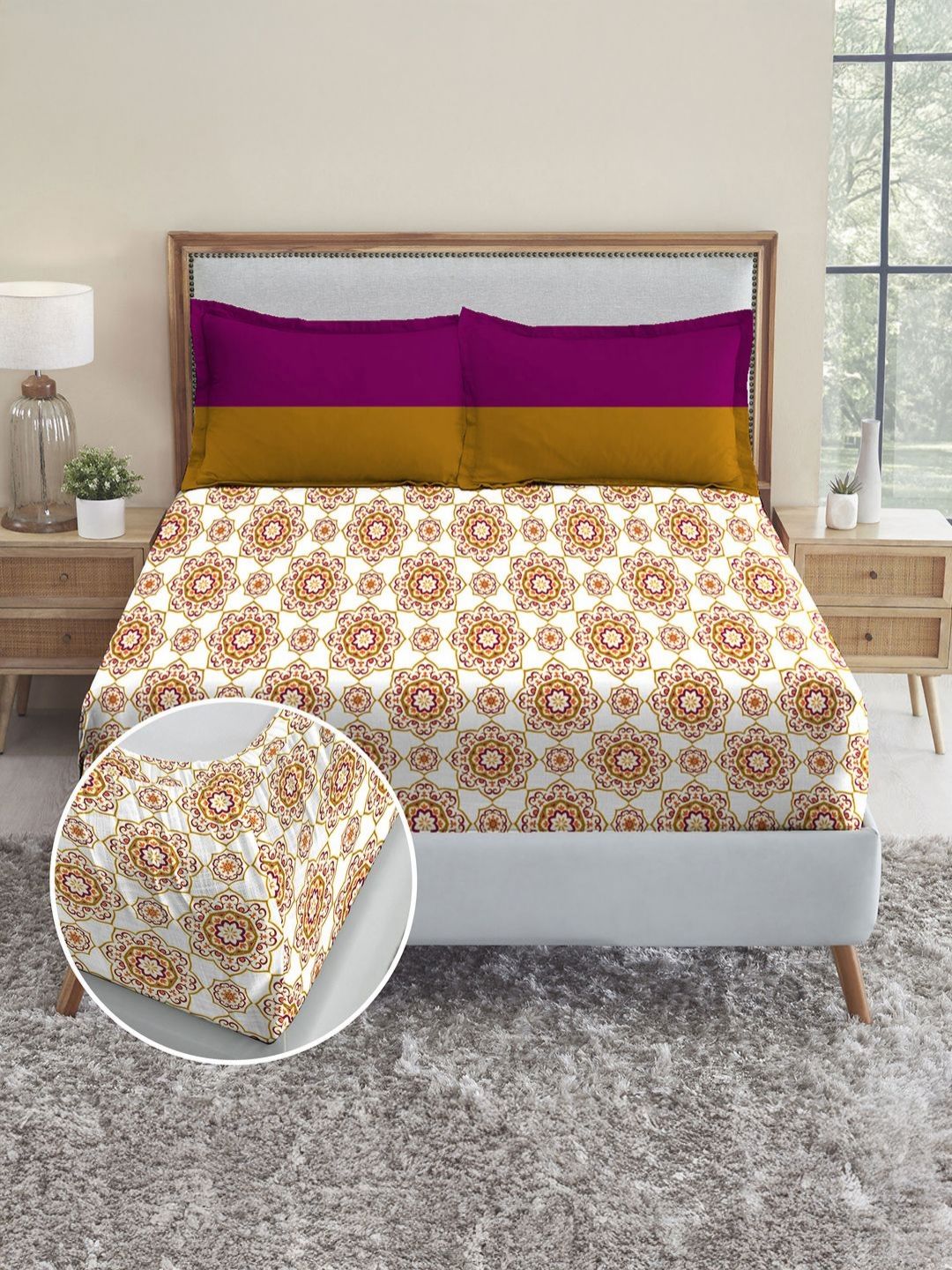 MYTRIDENT White & Brown Geometric Print144 TC Cotton King Bedsheet With 2 Pillow Covers-image-39