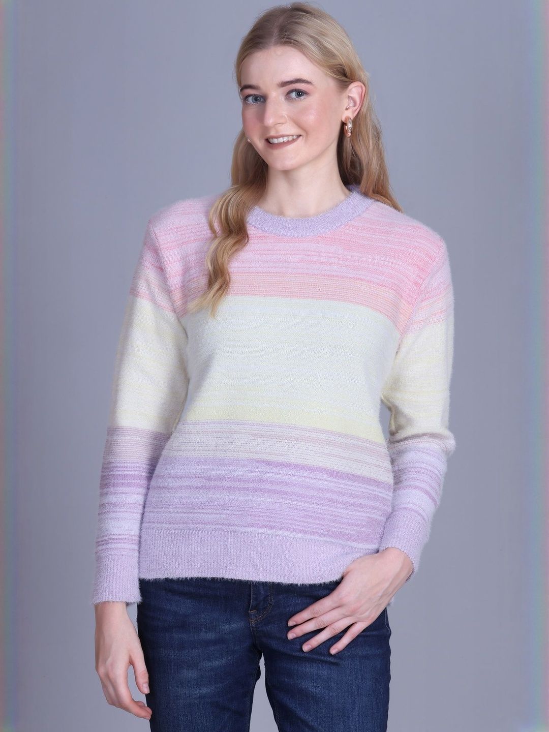 DressBerry Women Colourblocked Striped Long Sleeves Round Neck Wool Pullover Sweaters-picture-20