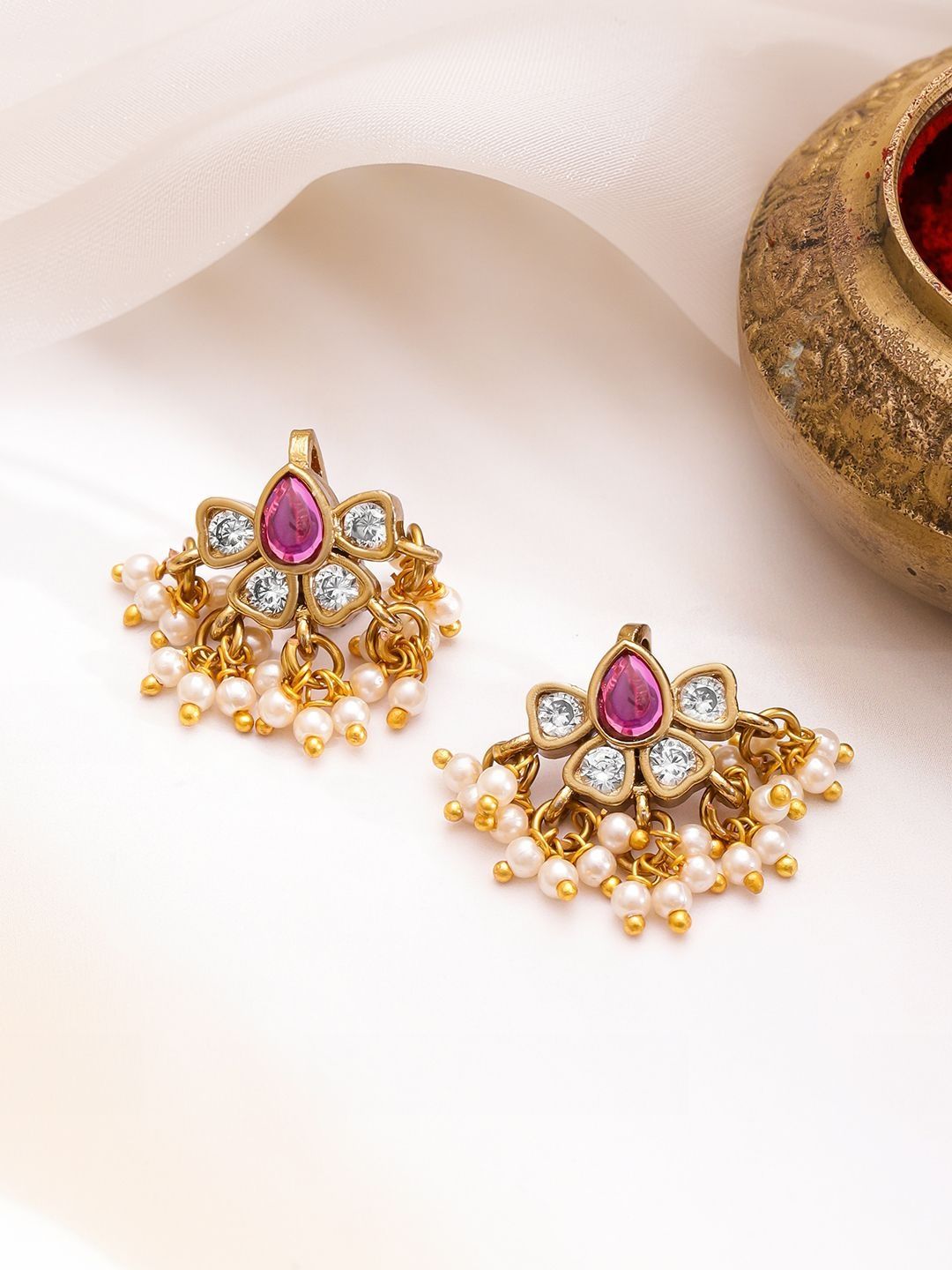 Rubans 22K Gold-Plated Ruby Studded & Pearls Beaded Teardrop Shaped Ear Cuff Earrings-picture-25