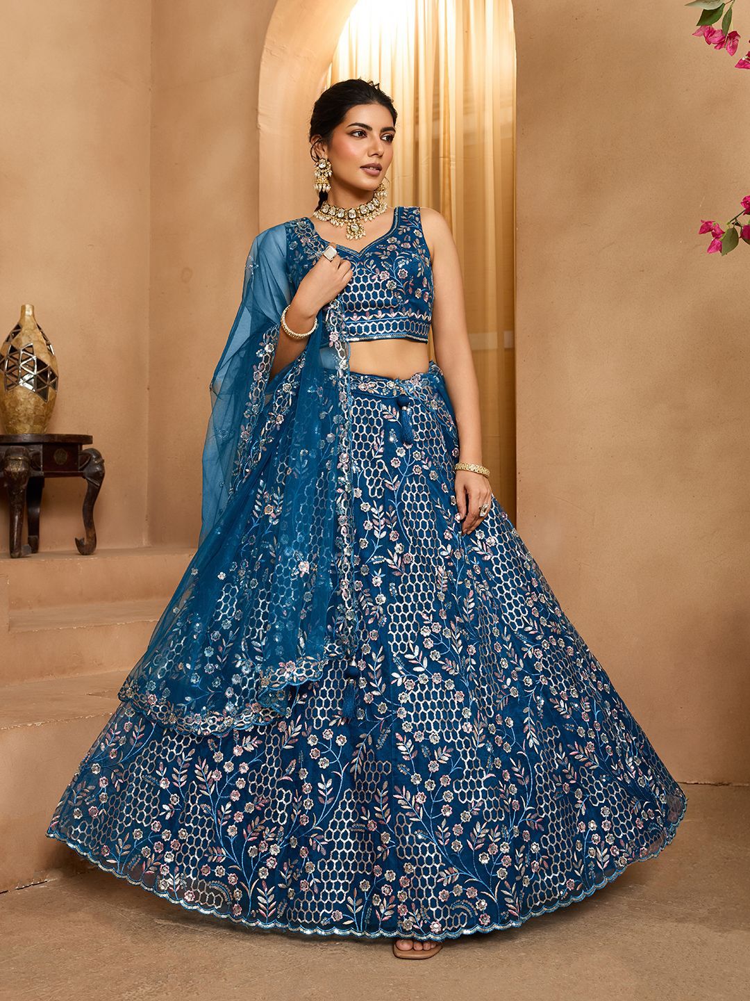 panchhi Embroidered Sequinned Semi-Stitched Lehenga & Unstitched Blouse With Dupatta-image-25