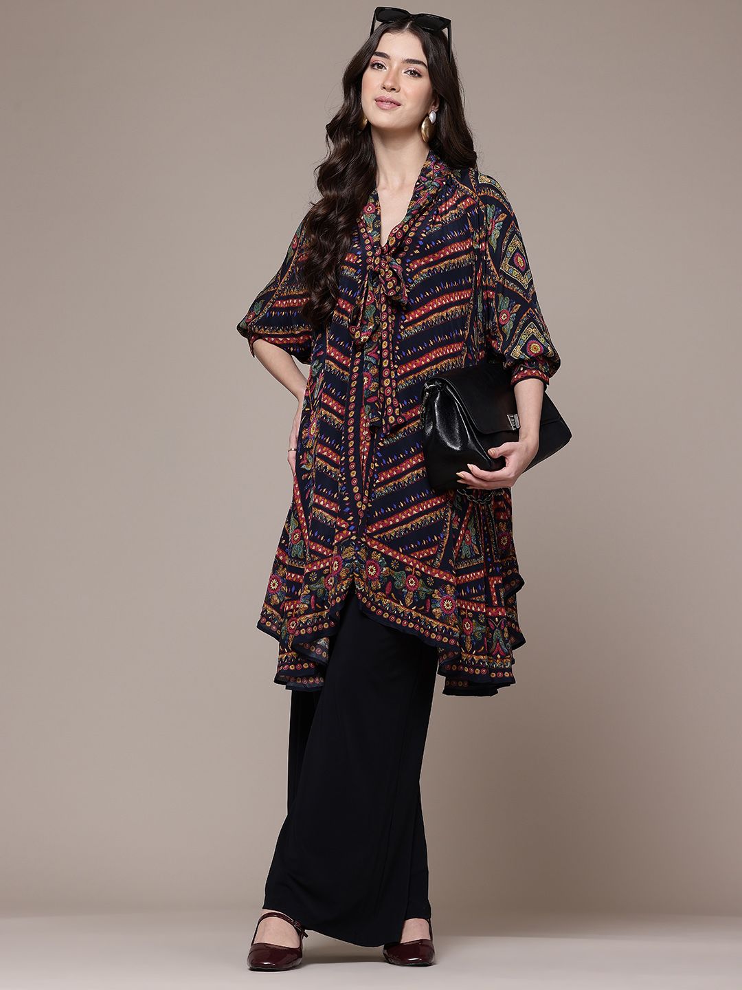 Ritu Kumar Geometric Print Tie-Up Neck Crepe Kaftan Longline Top-picture-31