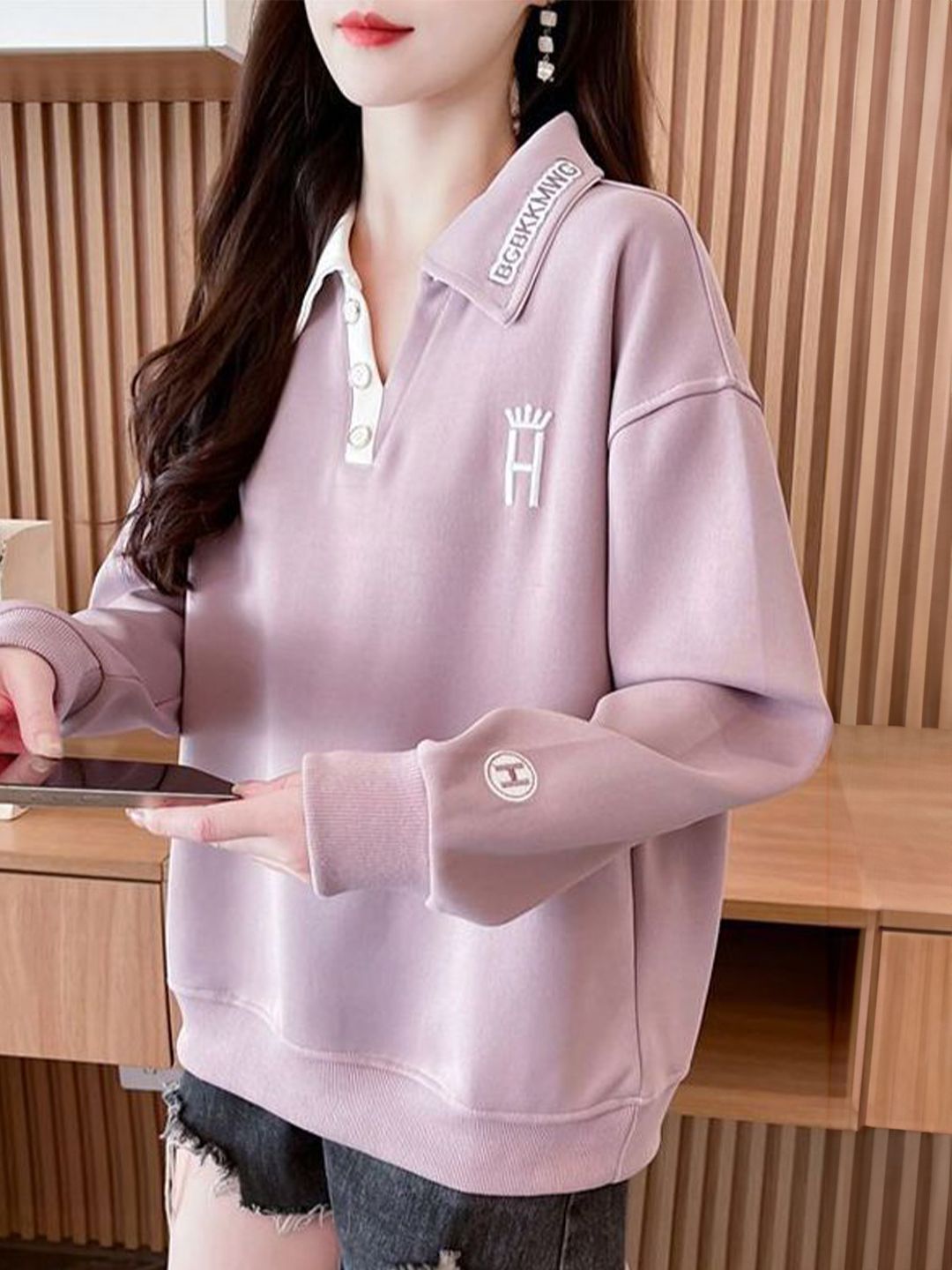 stylecast x revolte StyleCast Women Solid Shirt Collar Oversized Sweatshirt-picture-14