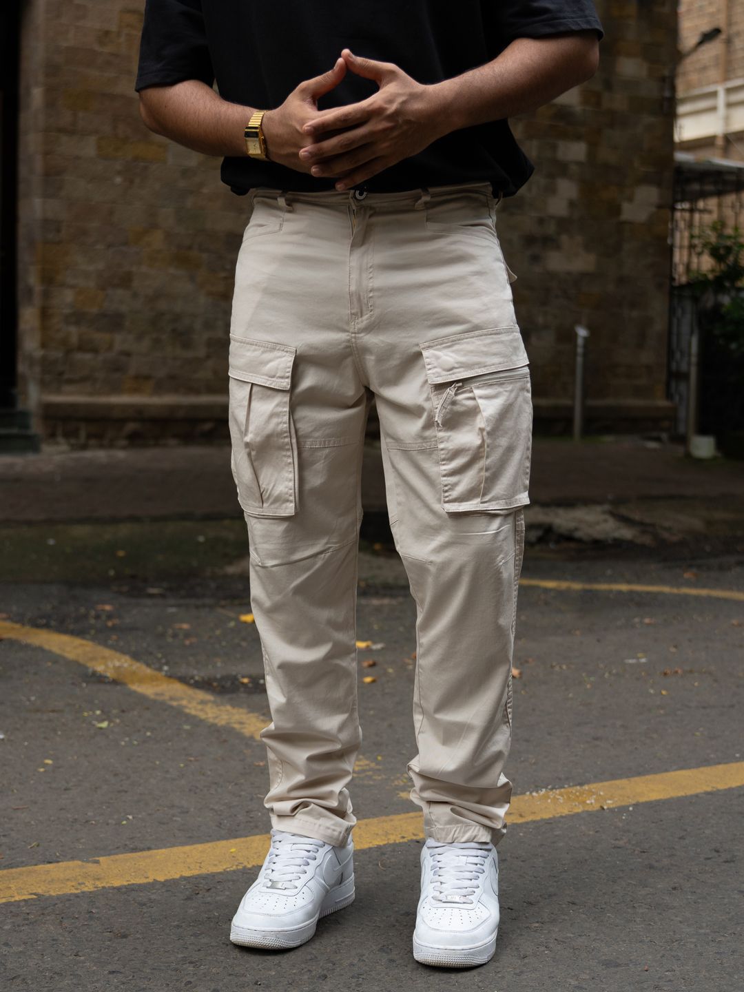 Powerlook Men Light Beige Regular Fit Mid-Rise Cotton Cargos Trousers-picture-25