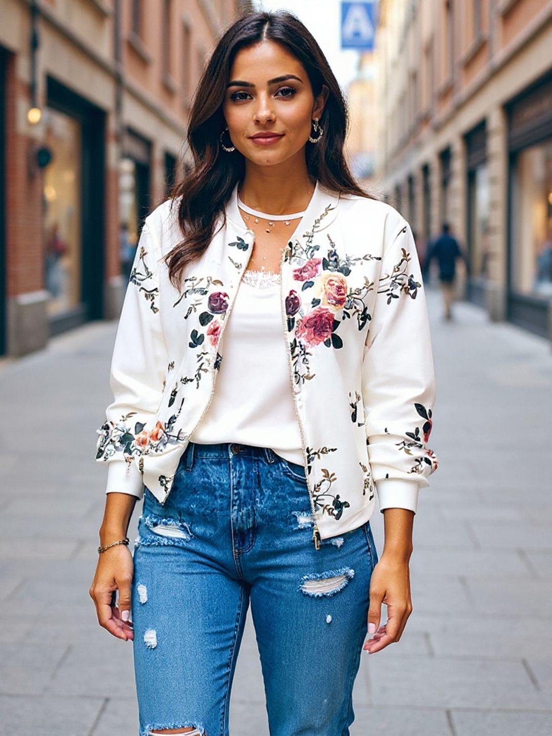 HERE&NOW Women Floral Printed Bomber Jacket-image-14