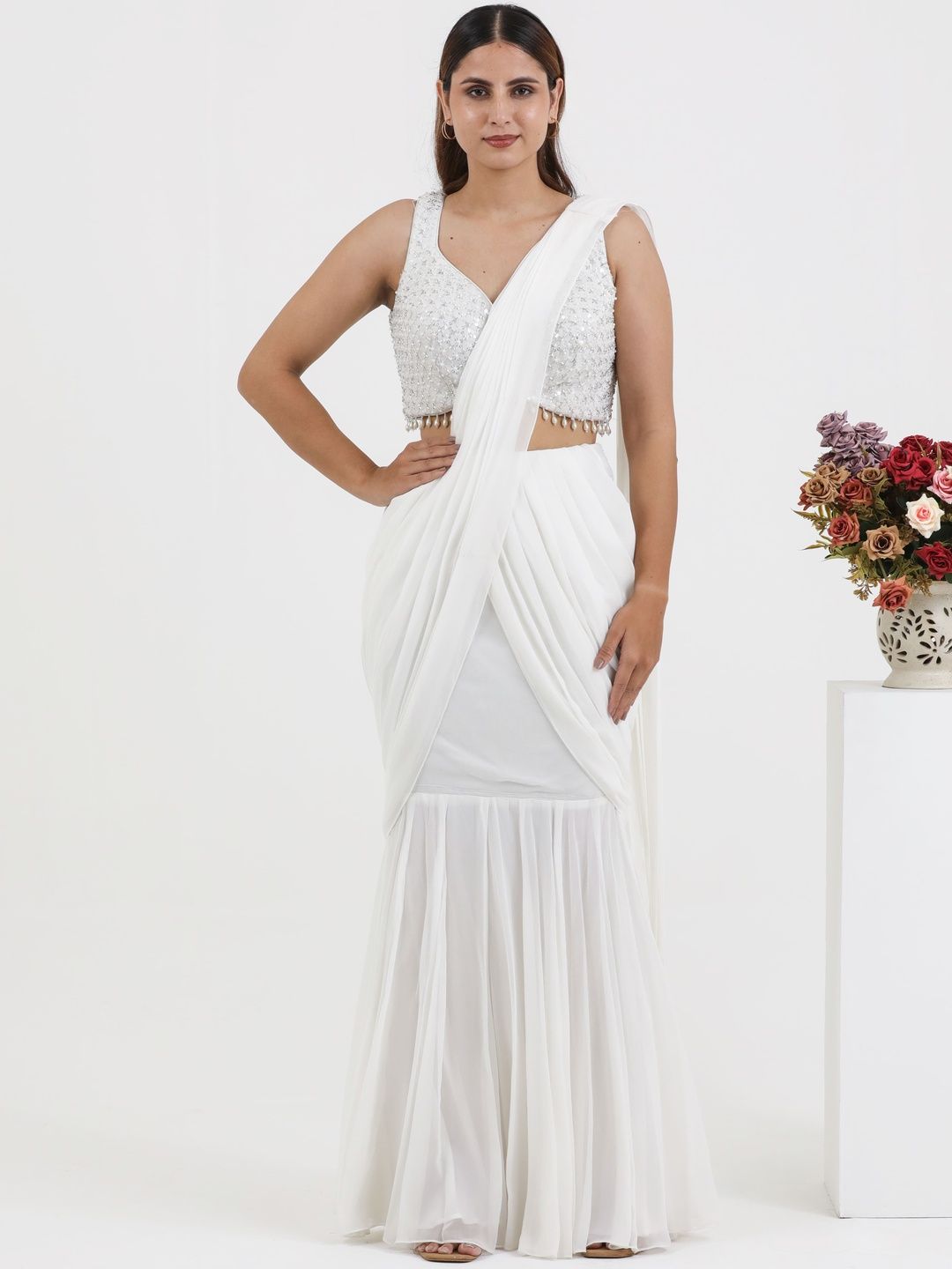 PUSHP PARIDHAN Pure Georgette Ready to Wear Saree With Stitched Blouse-picture-6