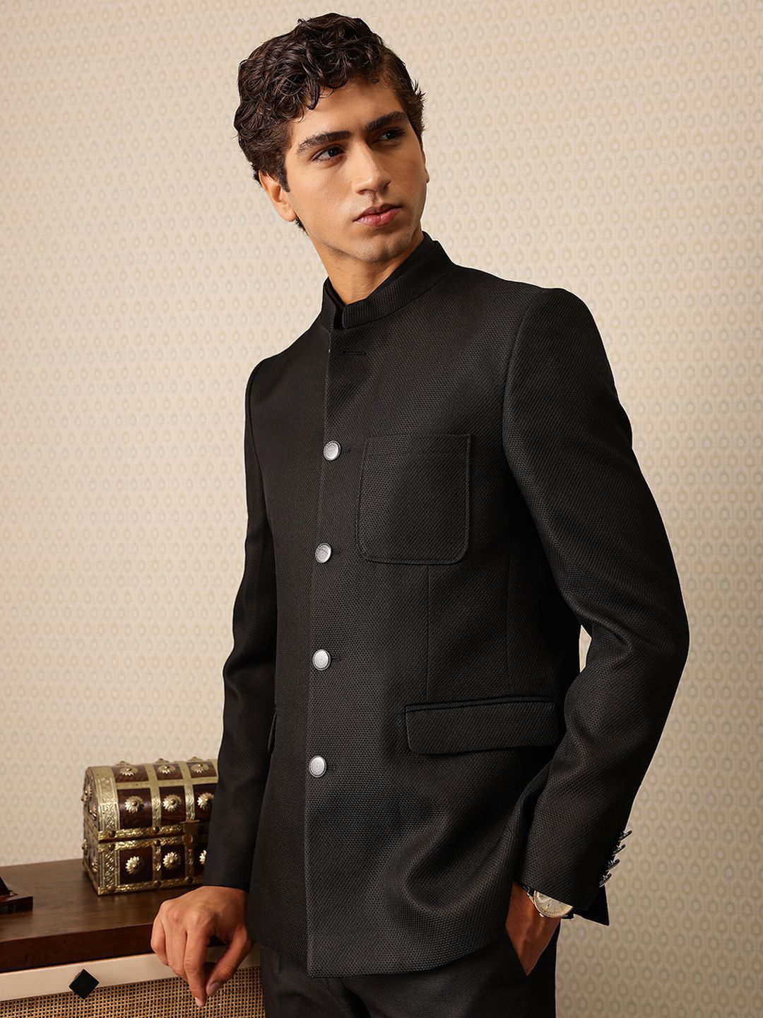 House of Pataudi Self Design Textured Jashn Bandhgala Blazer-image-19
