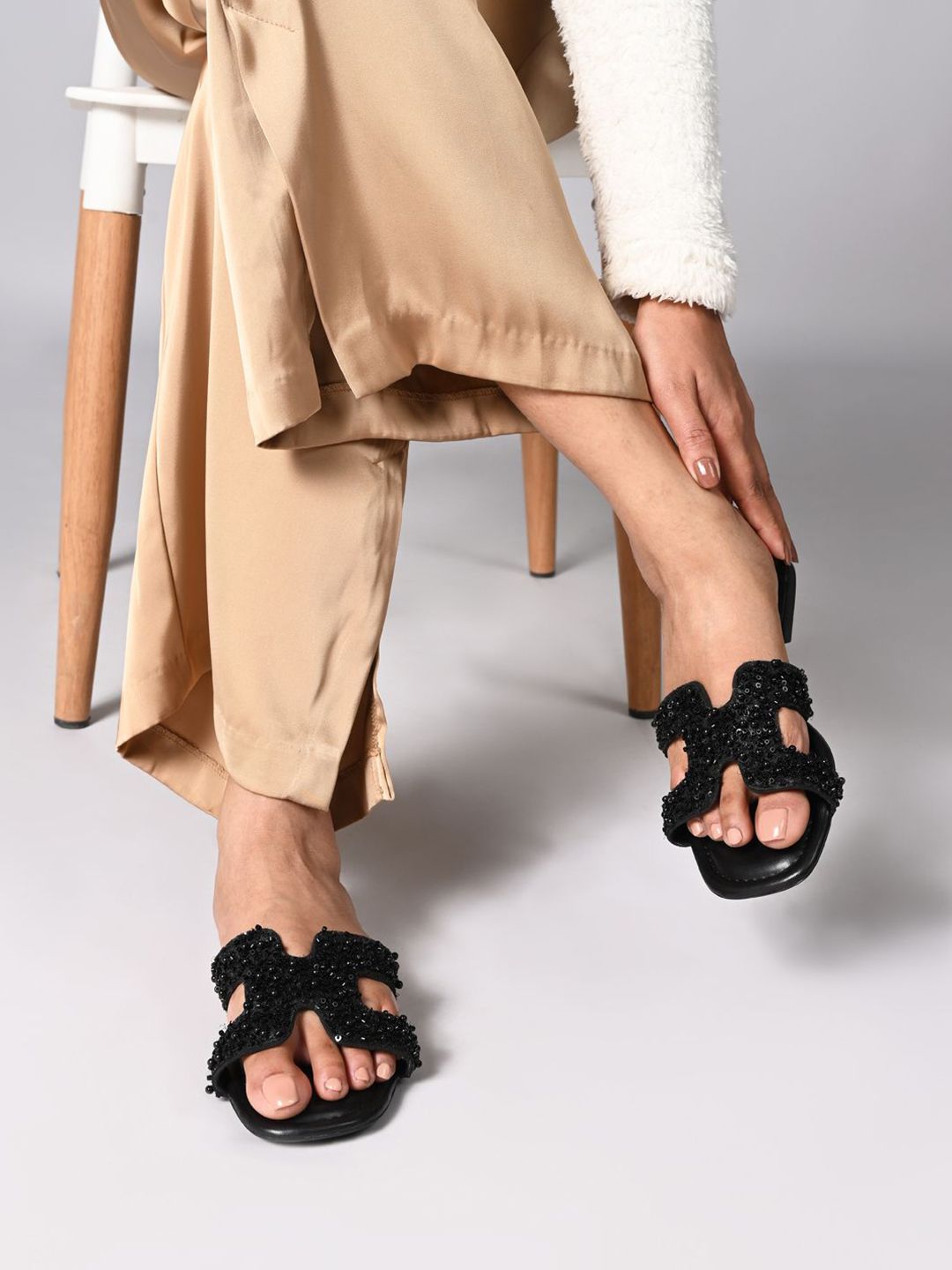 CAI Women Embellished Beaded Open Toe Flats