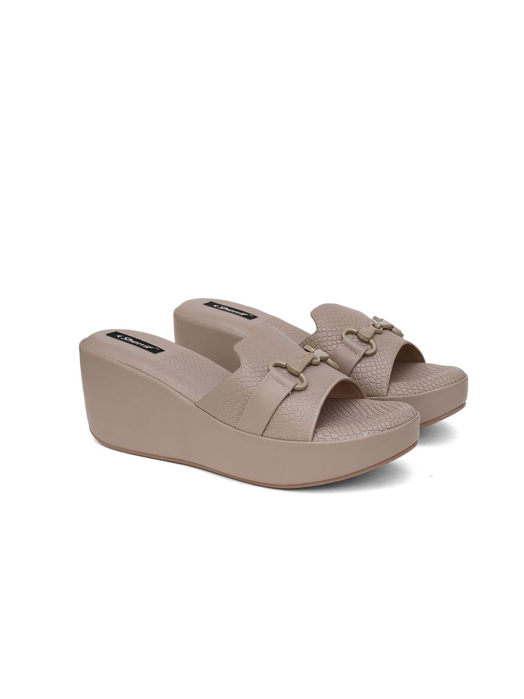 Sherrif Shoes Women Textured Open Toe Wedge Mules with Buckles-picture-21
