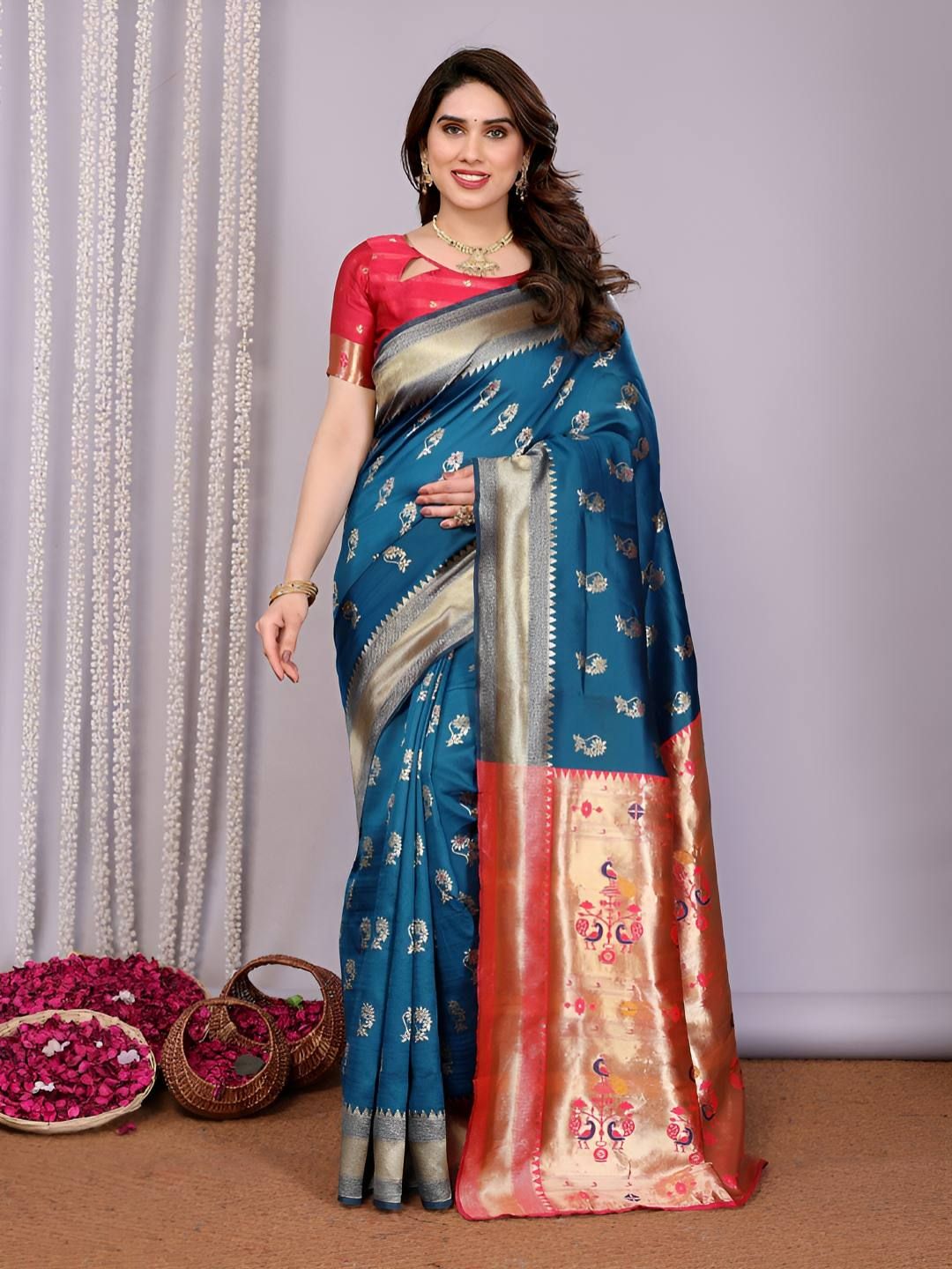 Vastravatika Ethnic Motifs Zari Kanjeevaram Saree With Unstiched Blouse Piece-picture-31