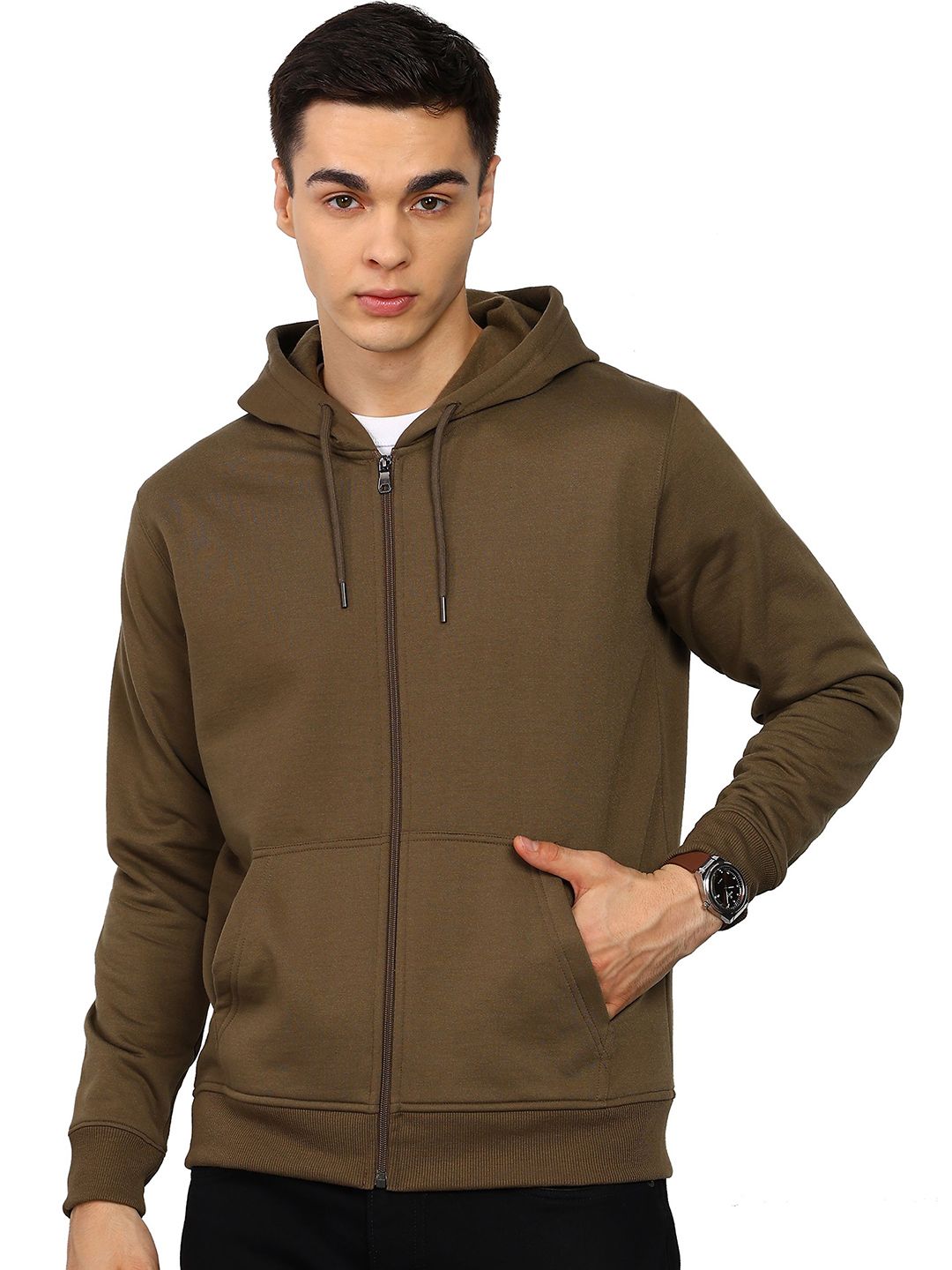 Alan Jones Men Solid Full Sleeve Zip Hooded Sweatshirt-image-2
