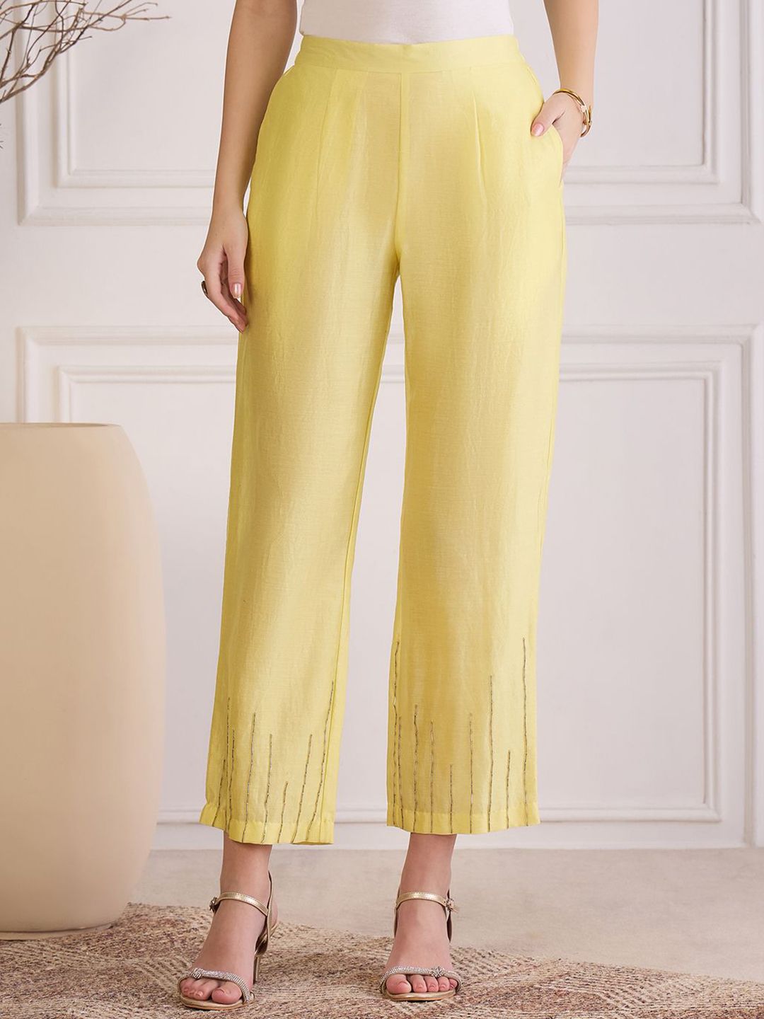 First Resort by Ramola Bachchan Women Straight Fit Mid-Rise Striped Embroidered Trousers-picture-21