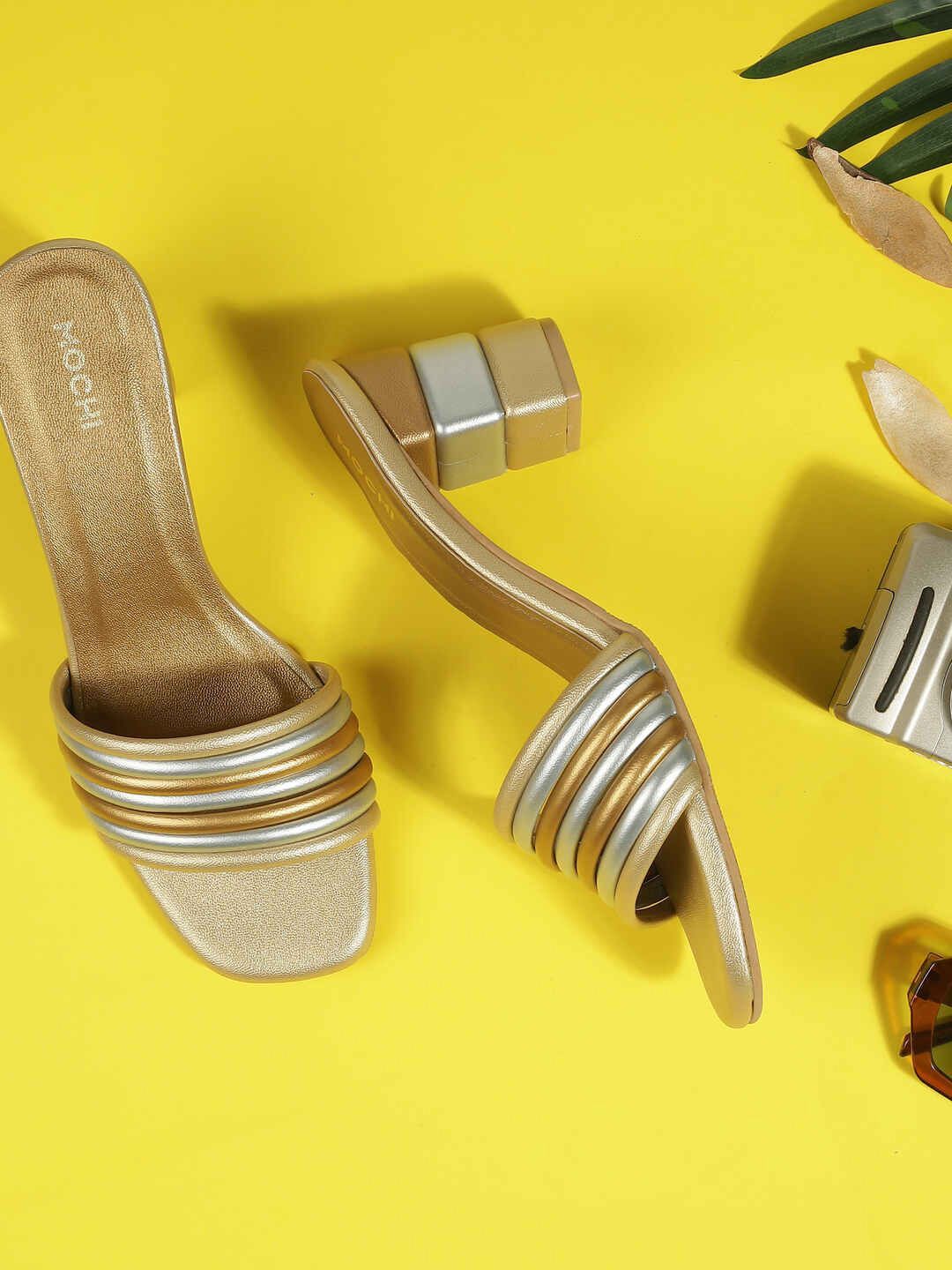 Mochi Women Metallic Striped Block Heel Sandals-picture-44