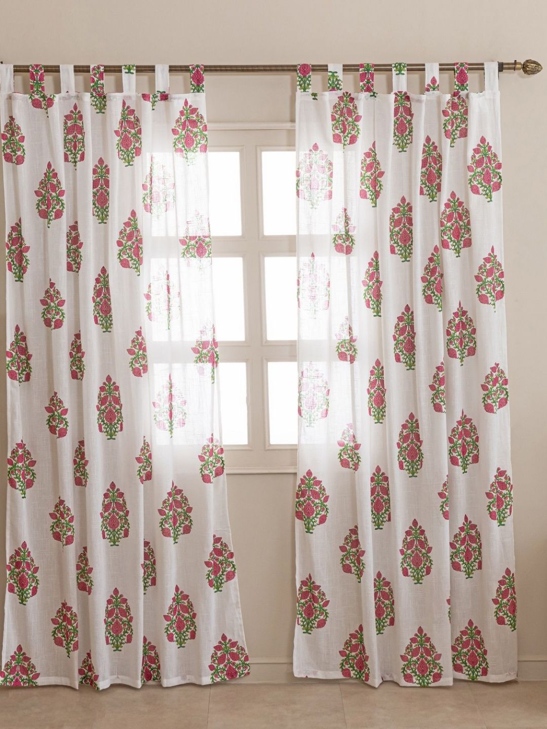 HOMEMONDE White & Pink 2 Pieces Floral Printed Sheer Cotton Window Curtains-picture-35