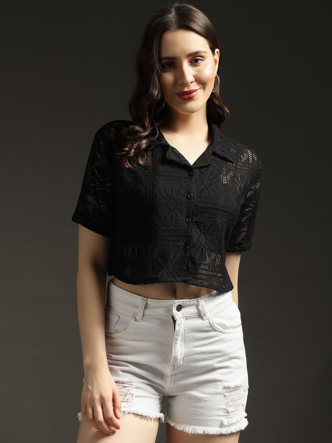 emeros Women Embroidered Crochet Net Shirt Style Crop Top-picture-52