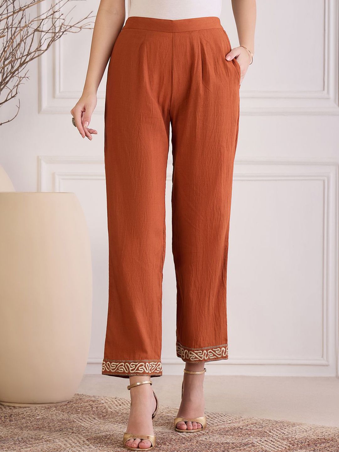 First Resort by Ramola Bachchan Women Embroidered Smart Straight Fit Trousers-picture-24