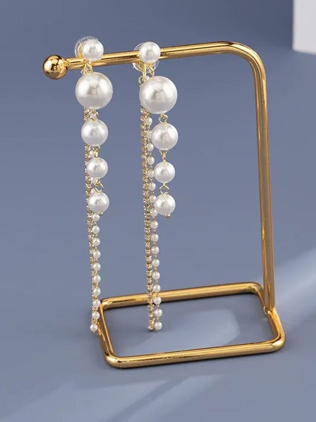 FIMBUL Gold-Plated Rhinestone Studded And Pearls Beaded Tasselled Spherical Drop Earrings-picture-32