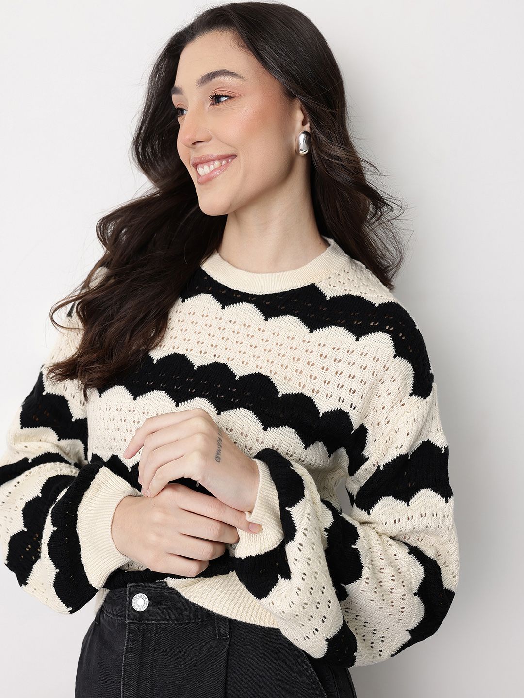 Mast & Harbour Mast & Harbour Striped Round Neck Open Knit Pullover