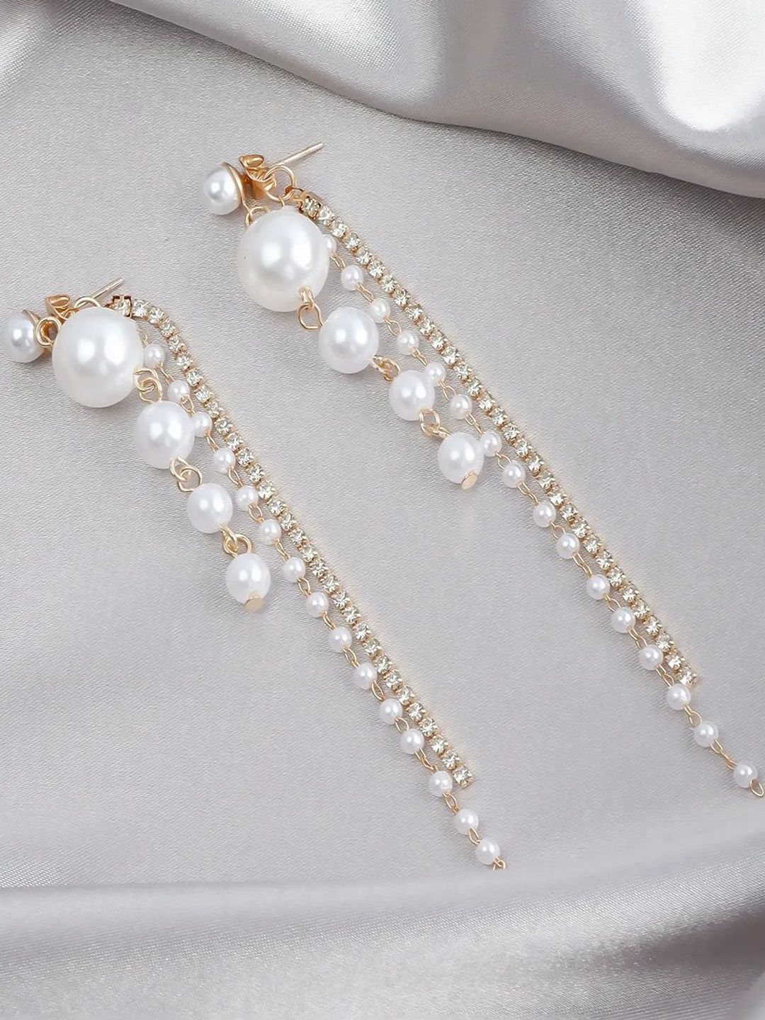 FIMBUL Gold-Plated Rhinestone Studded And Pearls Beaded Tasselled Spherical Drop Earrings-picture-33