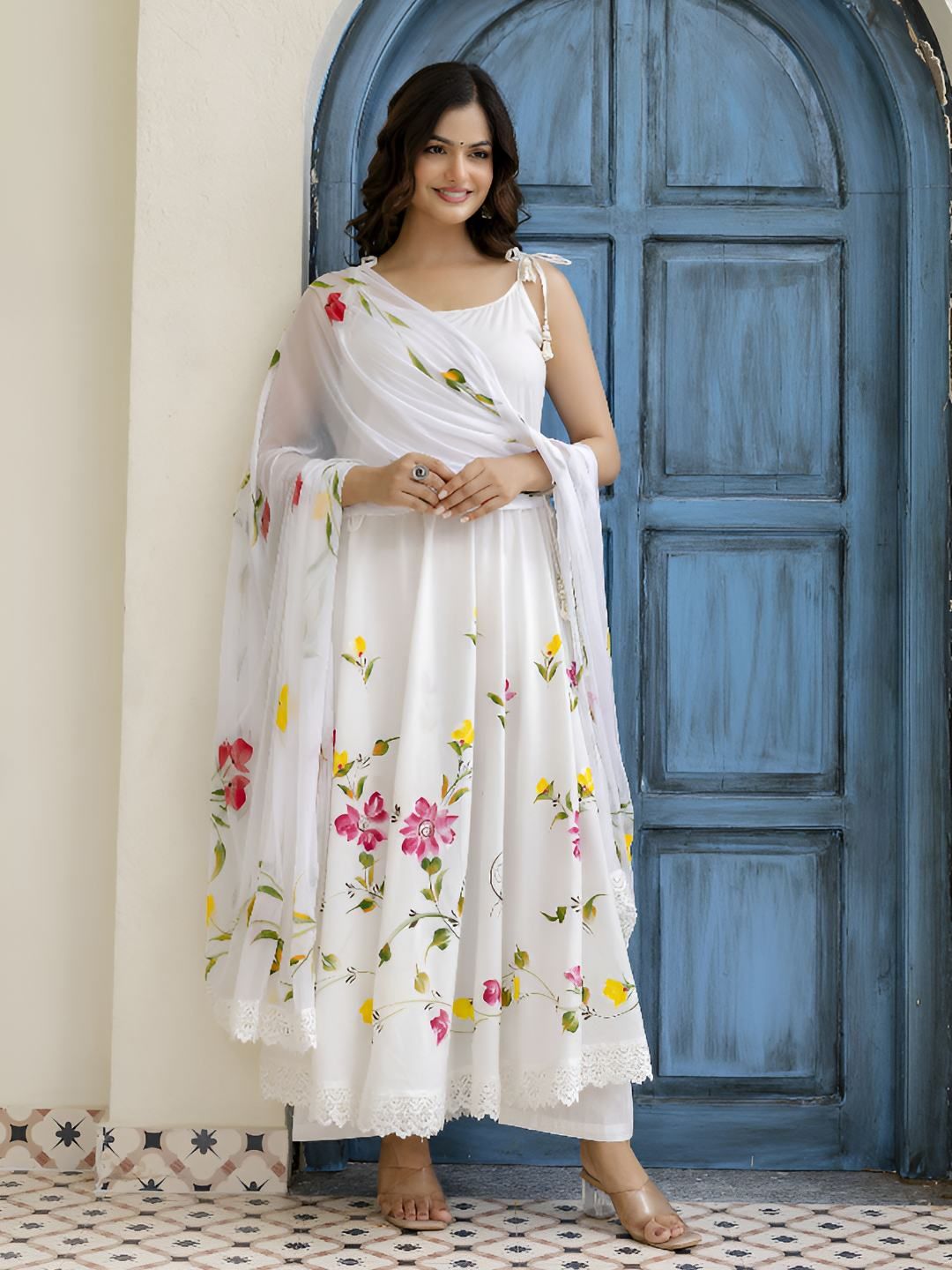 EthniFlair Women Floral Printed Empire Anarkali Pure Cotton Kurta with Palazzos & Dupatta-image-12